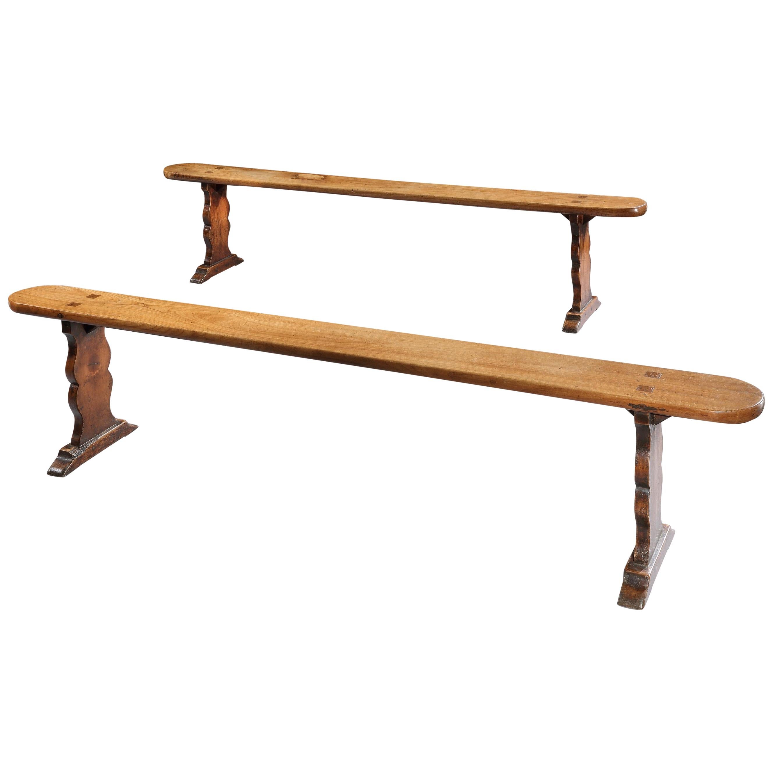 Bench, Pair 18th Century, French, Vernacular, Provincial, Elm, Trestle For Sale