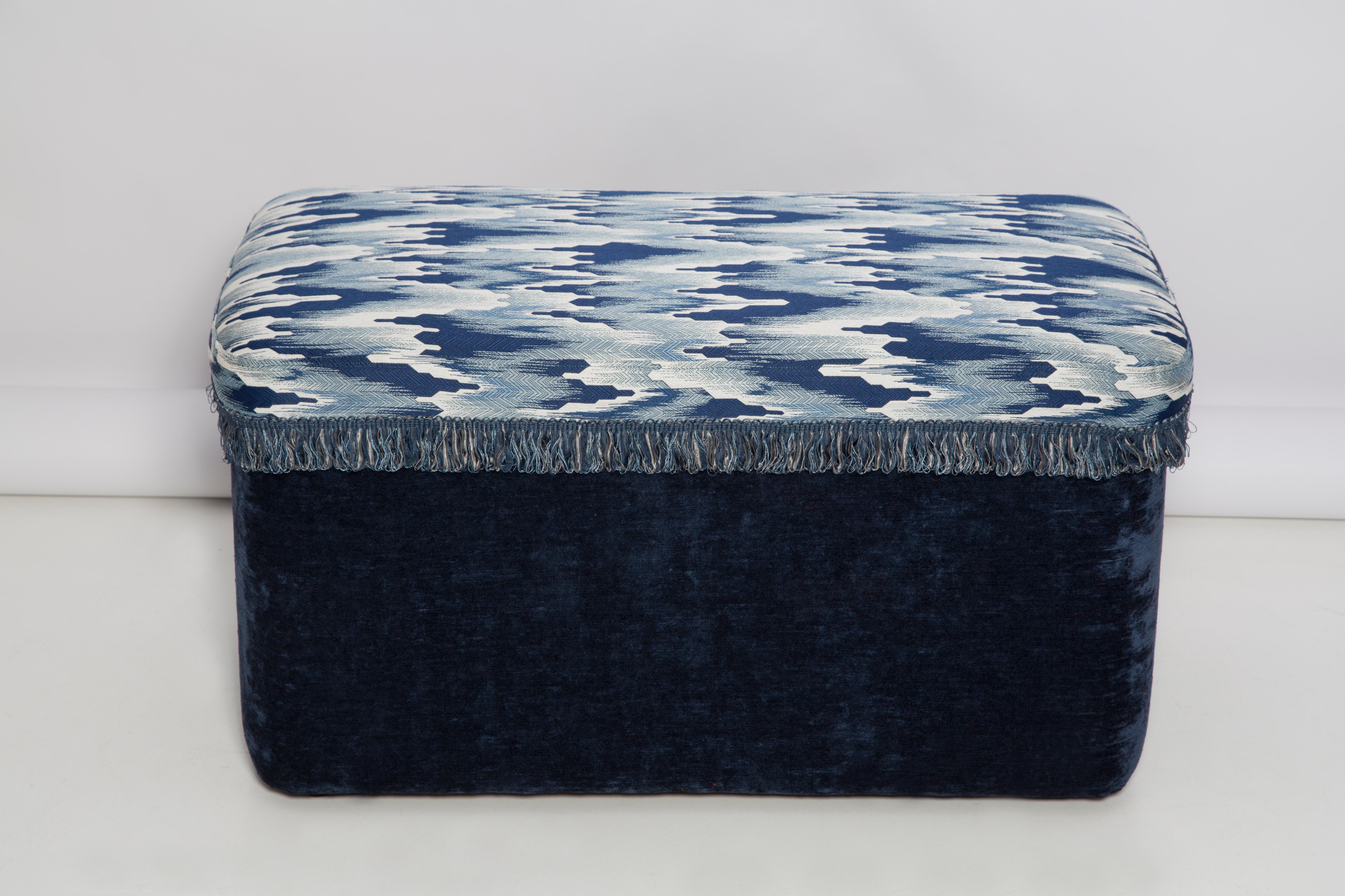 Mid-Century Modern Bench Pouffe with Box, Blue Fandango Jacquard, by Vintola Studio, Europe, Poland For Sale