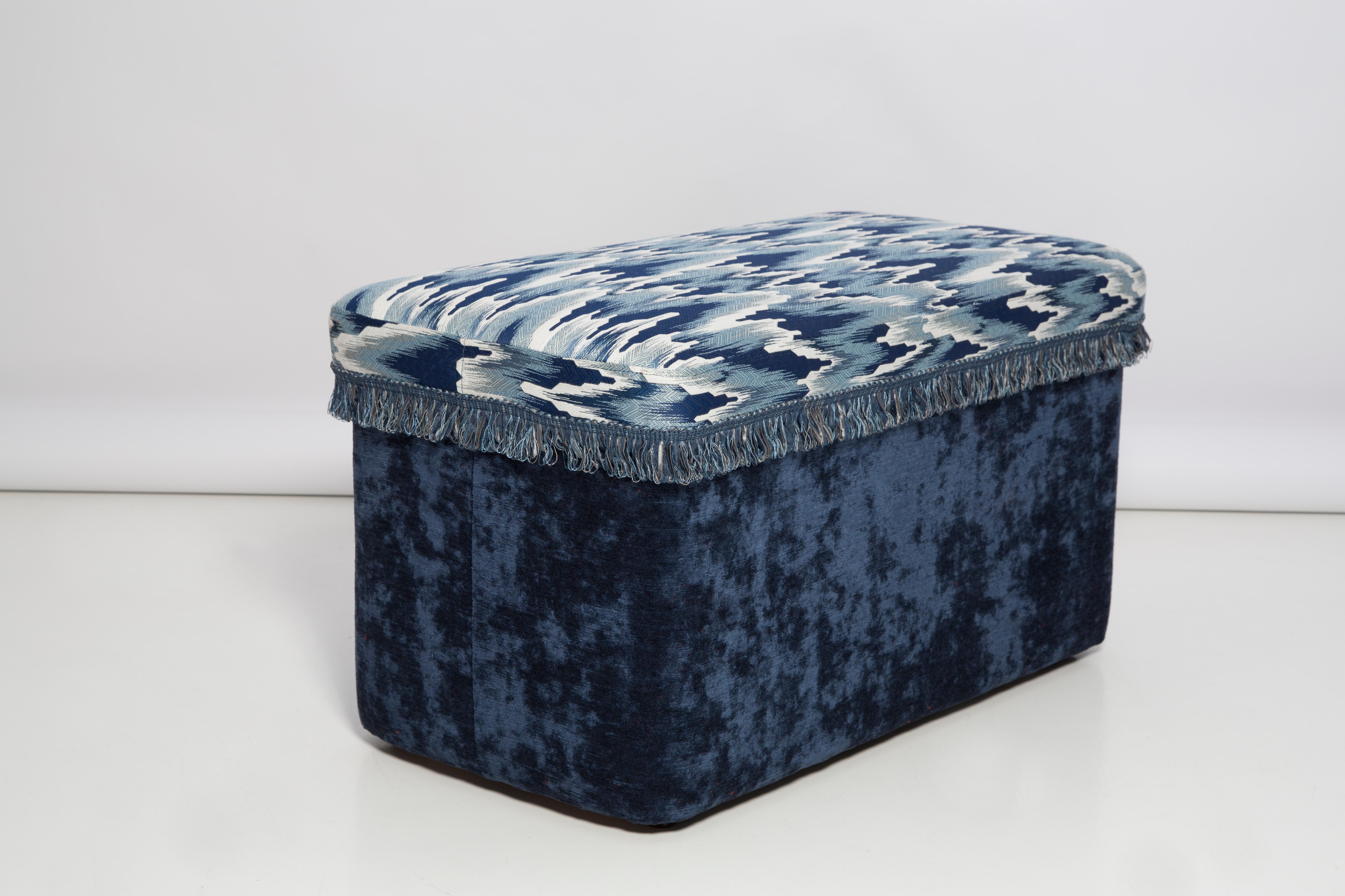 Polish Bench Pouffe with Box, Blue Fandango Jacquard, by Vintola Studio, Europe, Poland For Sale