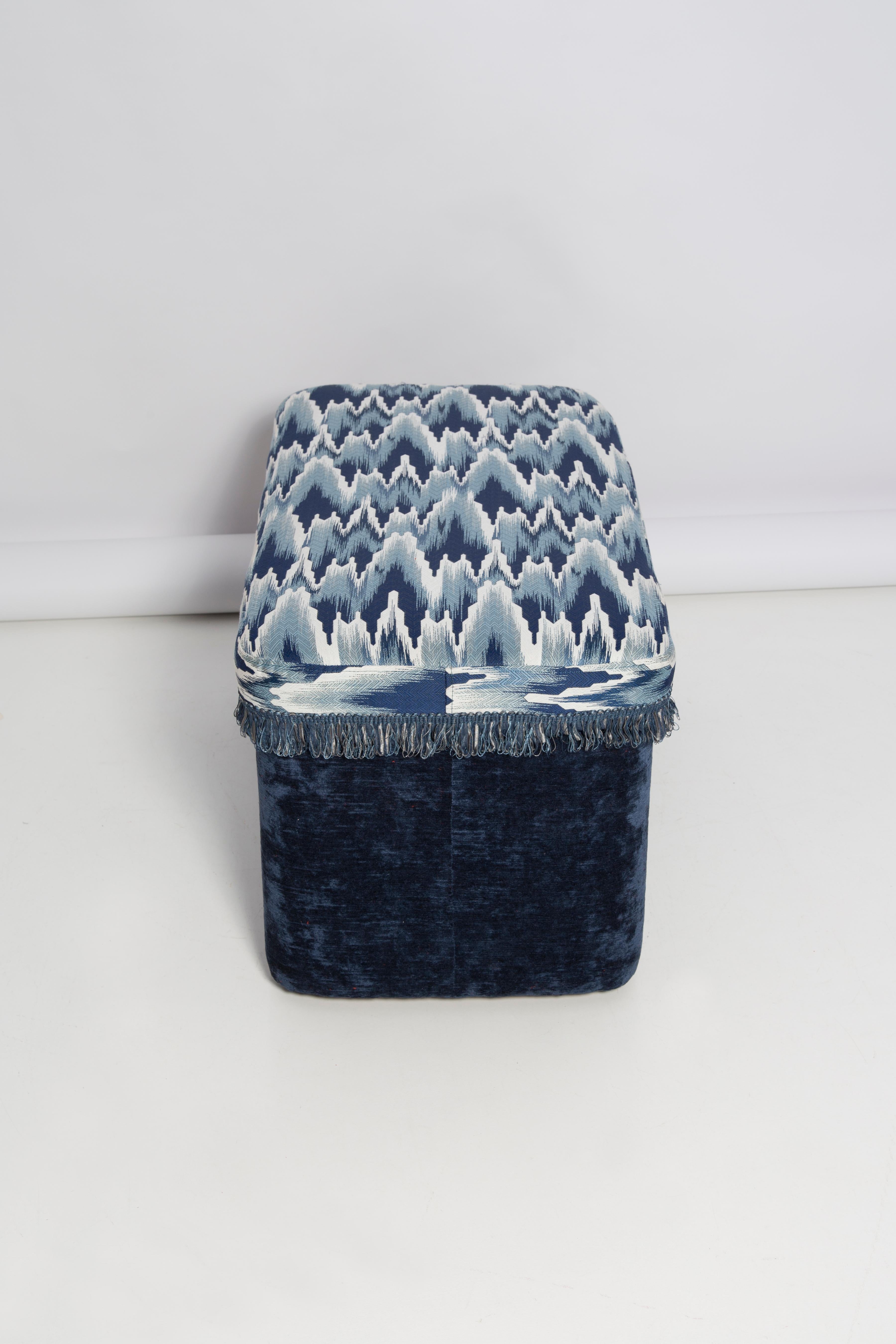 Hand-Painted Bench Pouffe with Box, Blue Fandango Jacquard, by Vintola Studio, Europe, Poland For Sale