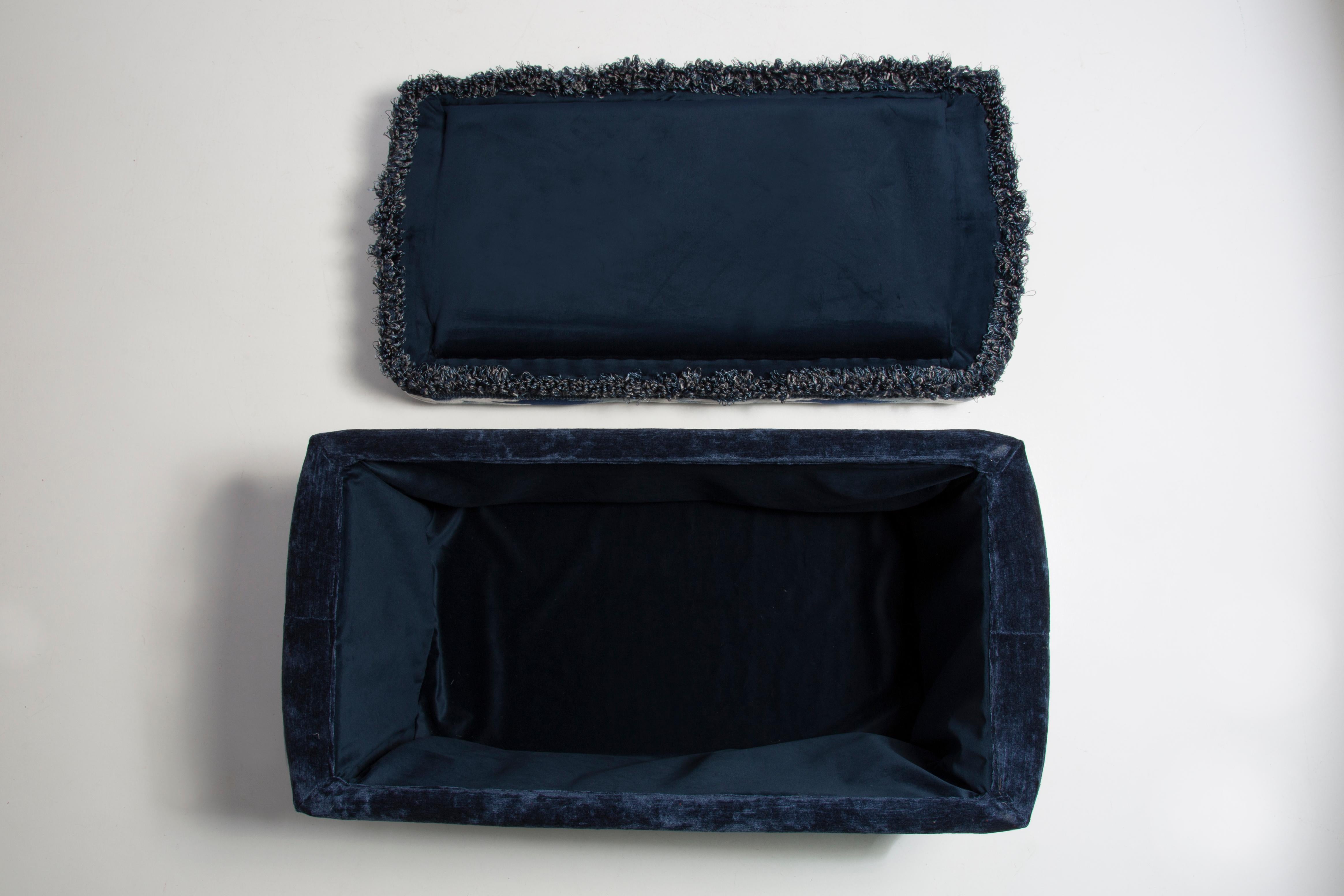 Fabric Bench Pouffe with Box, Blue Fandango Jacquard, by Vintola Studio, Europe, Poland For Sale