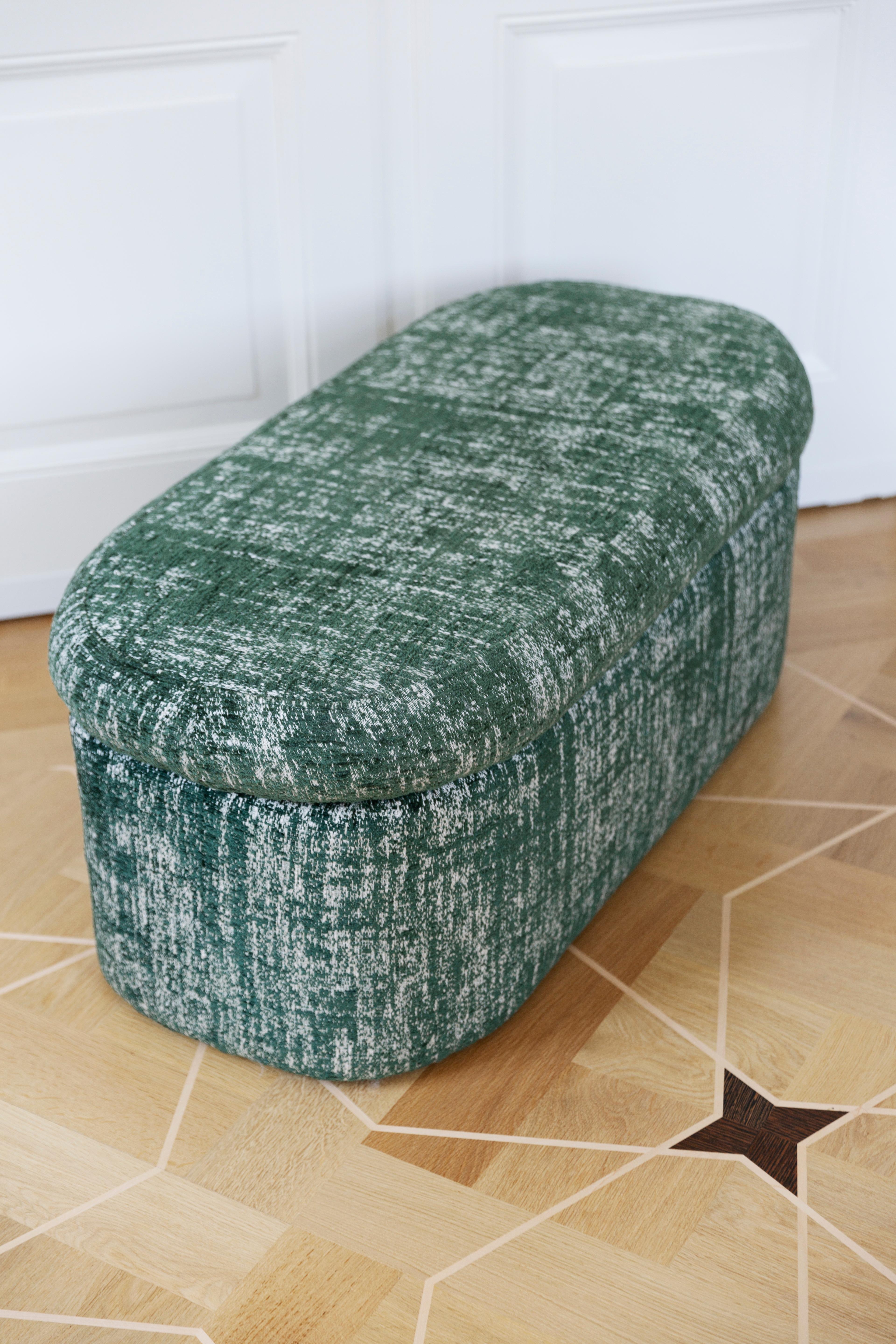Bench Pouffe with Box, Green Boucle, by Vintola Studio, Europe, Poland For Sale 7