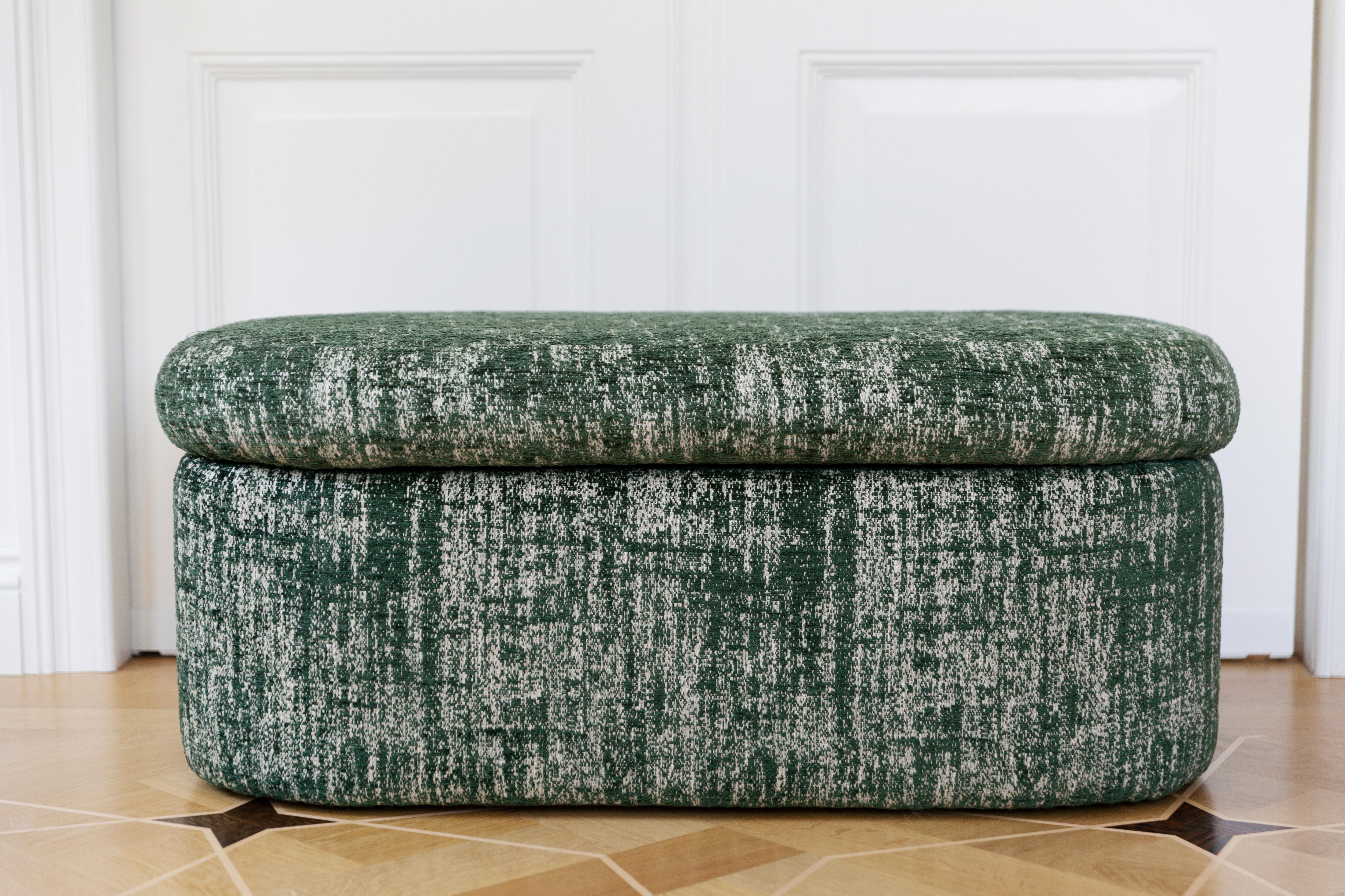 Mid-Century Modern Bench Pouffe with Box, Green Boucle, by Vintola Studio, Europe, Poland For Sale