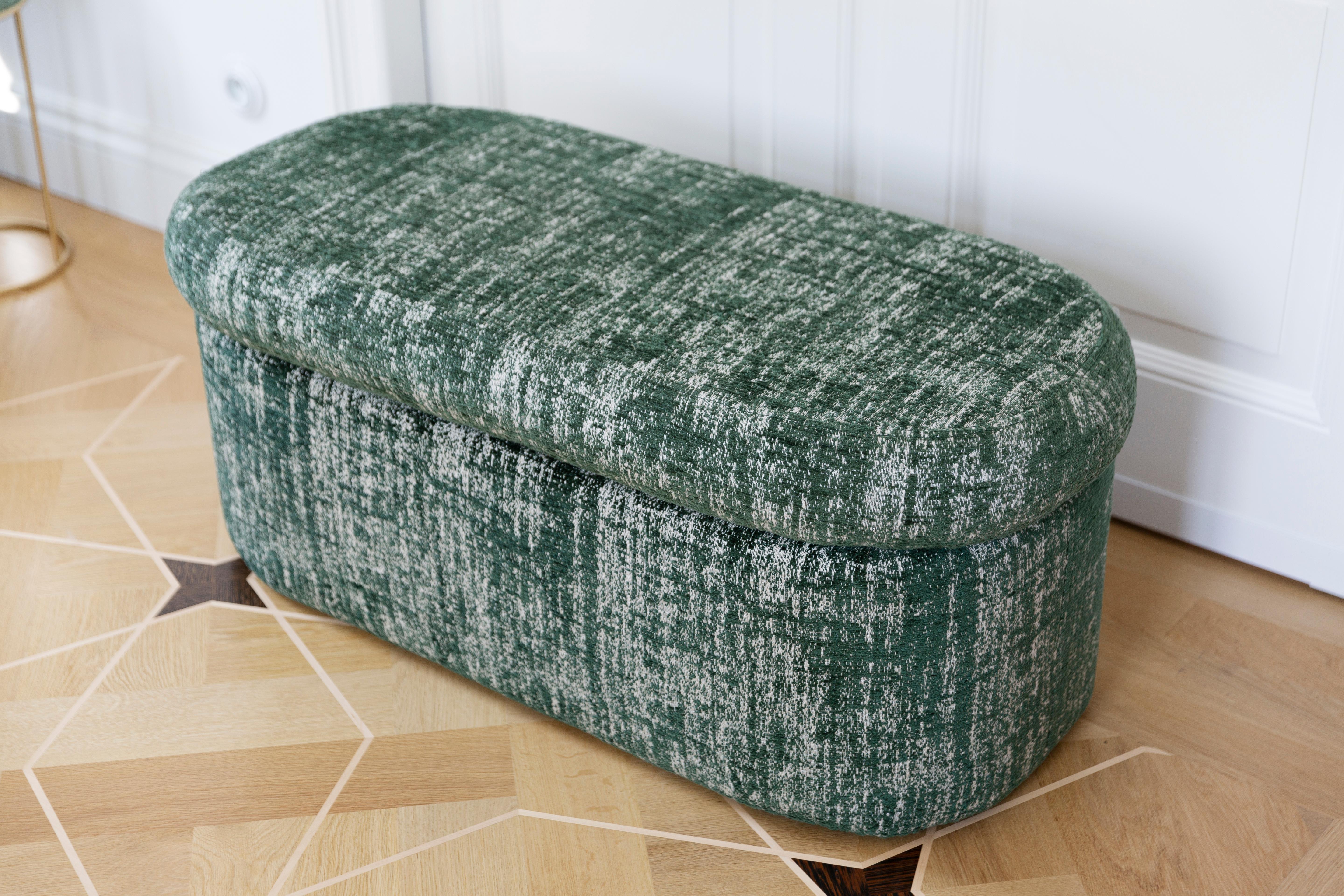 Polish Bench Pouffe with Box, Green Boucle, by Vintola Studio, Europe, Poland For Sale