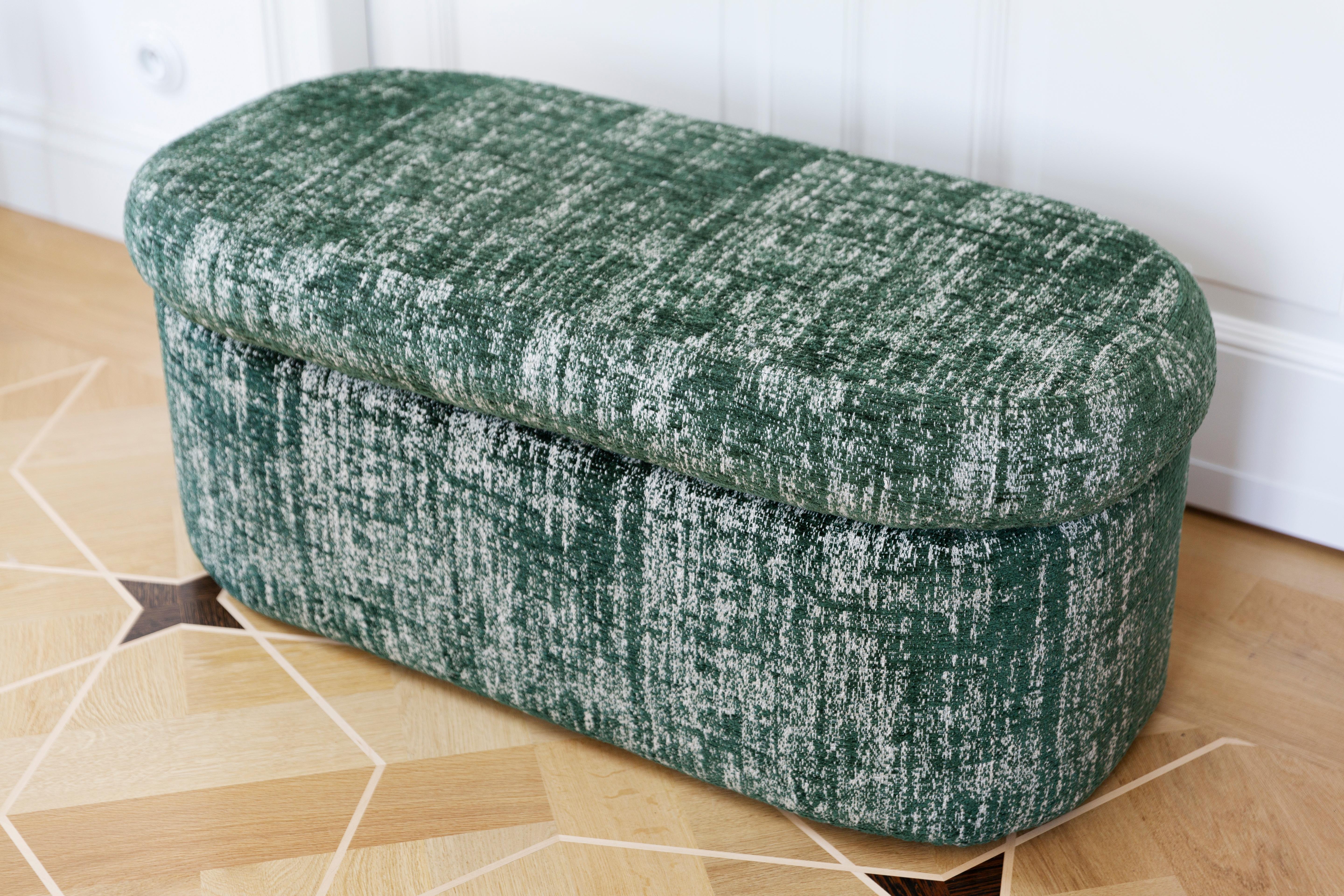 Hand-Painted Bench Pouffe with Box, Green Boucle, by Vintola Studio, Europe, Poland For Sale