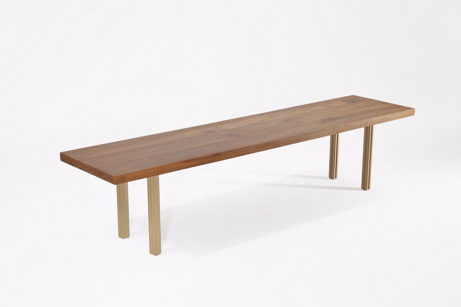 Minimalist Bench, Reclaimed Wood and Extruded Brass Base by P. Tendercool For Sale