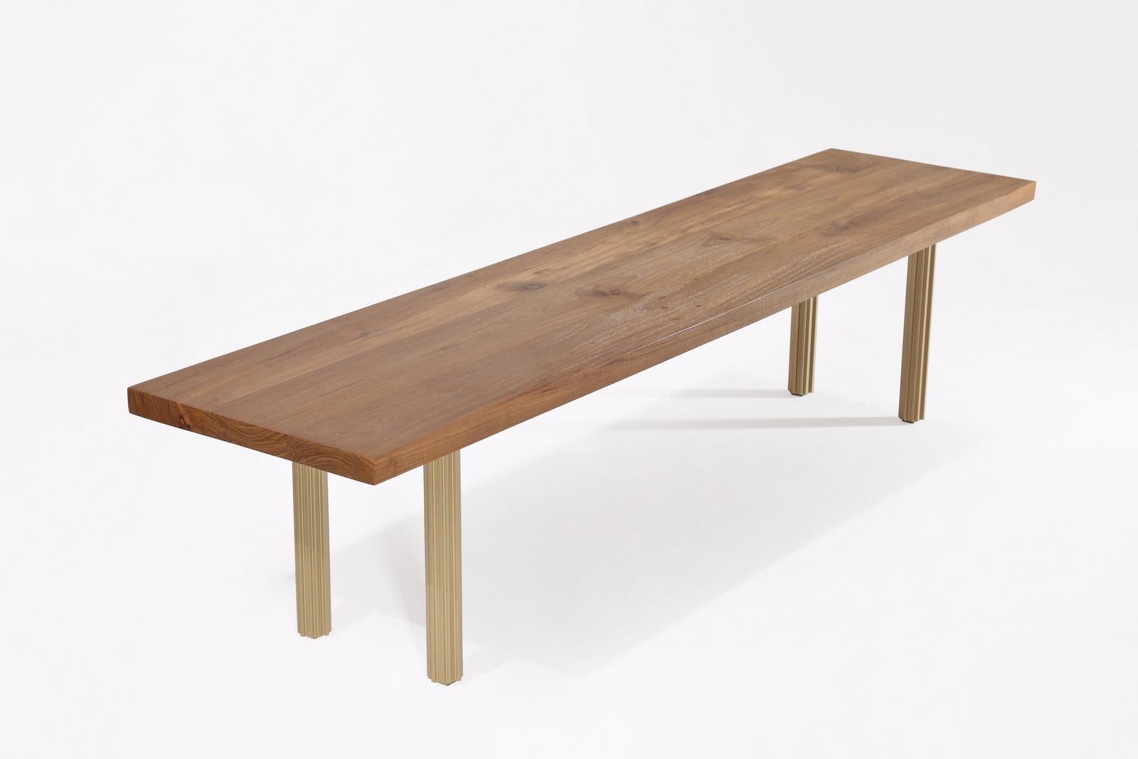 Hand-Crafted Bench, Reclaimed Wood and Extruded Brass Base by P. Tendercool For Sale