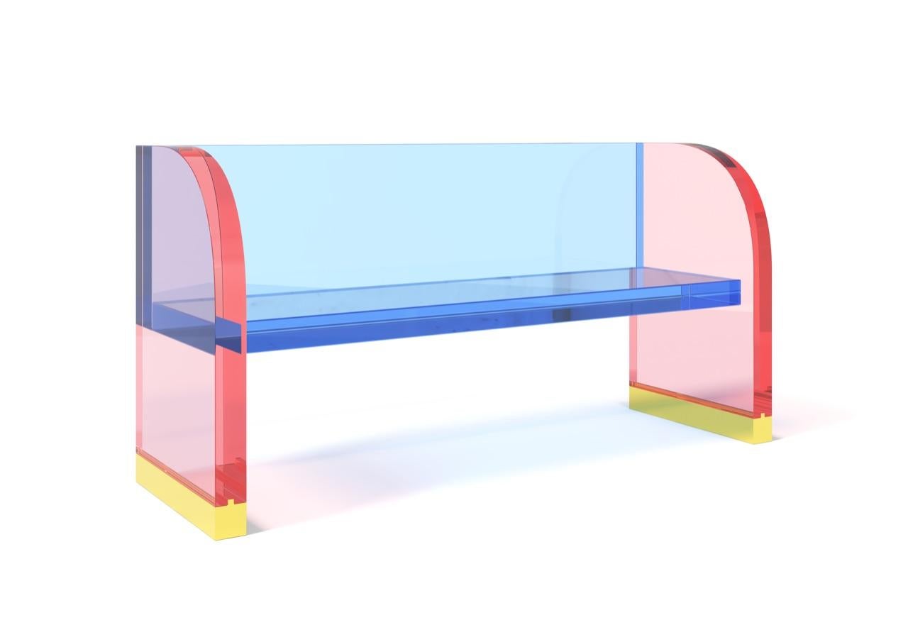 A beautiful bench Redez-Vous model in transparent plexiglass with different colors and with two brass legs designed and produced by Studio Superego. Signed.

Biography:
Superego editions was born in 2006, performing a constant activity of research