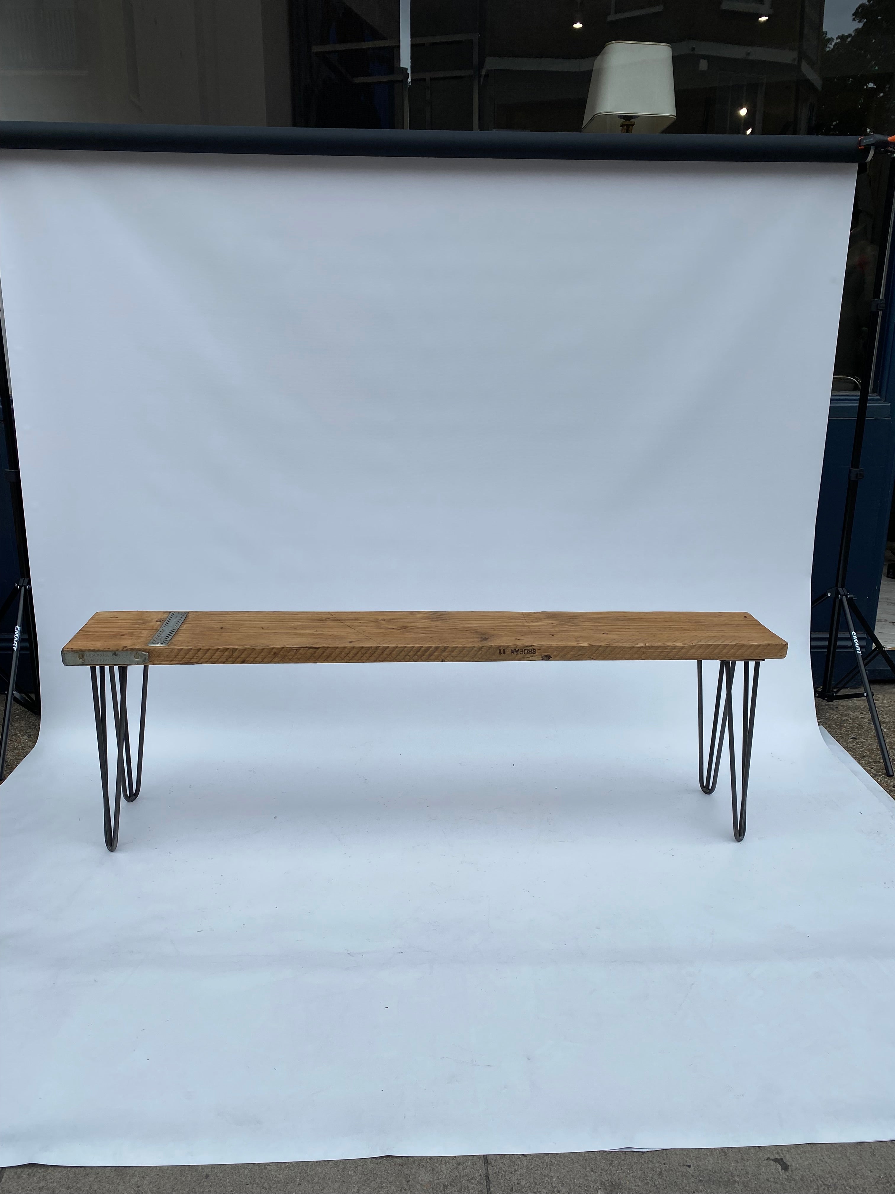 Sitzbank Hairpin Legs Industrial Wood Midcentury Modern 1980s Tisch Vintage 4