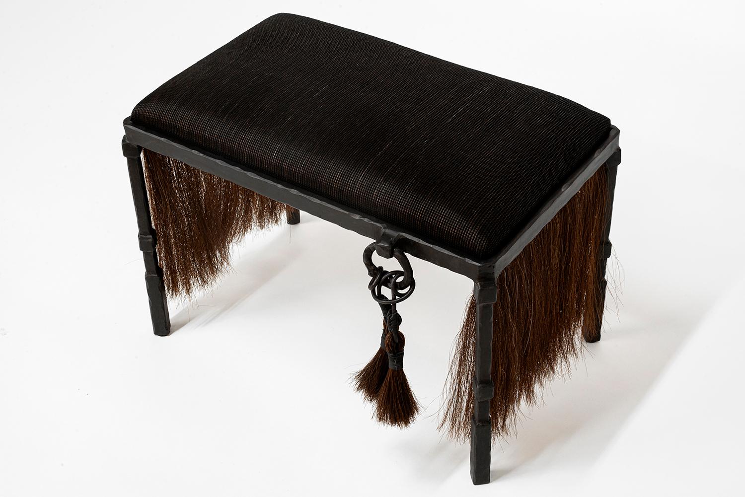 Natural Fiber Bench/Stool Modern Medieval Handmade Horsehair Iron Tassel Fringe Woven For Sale