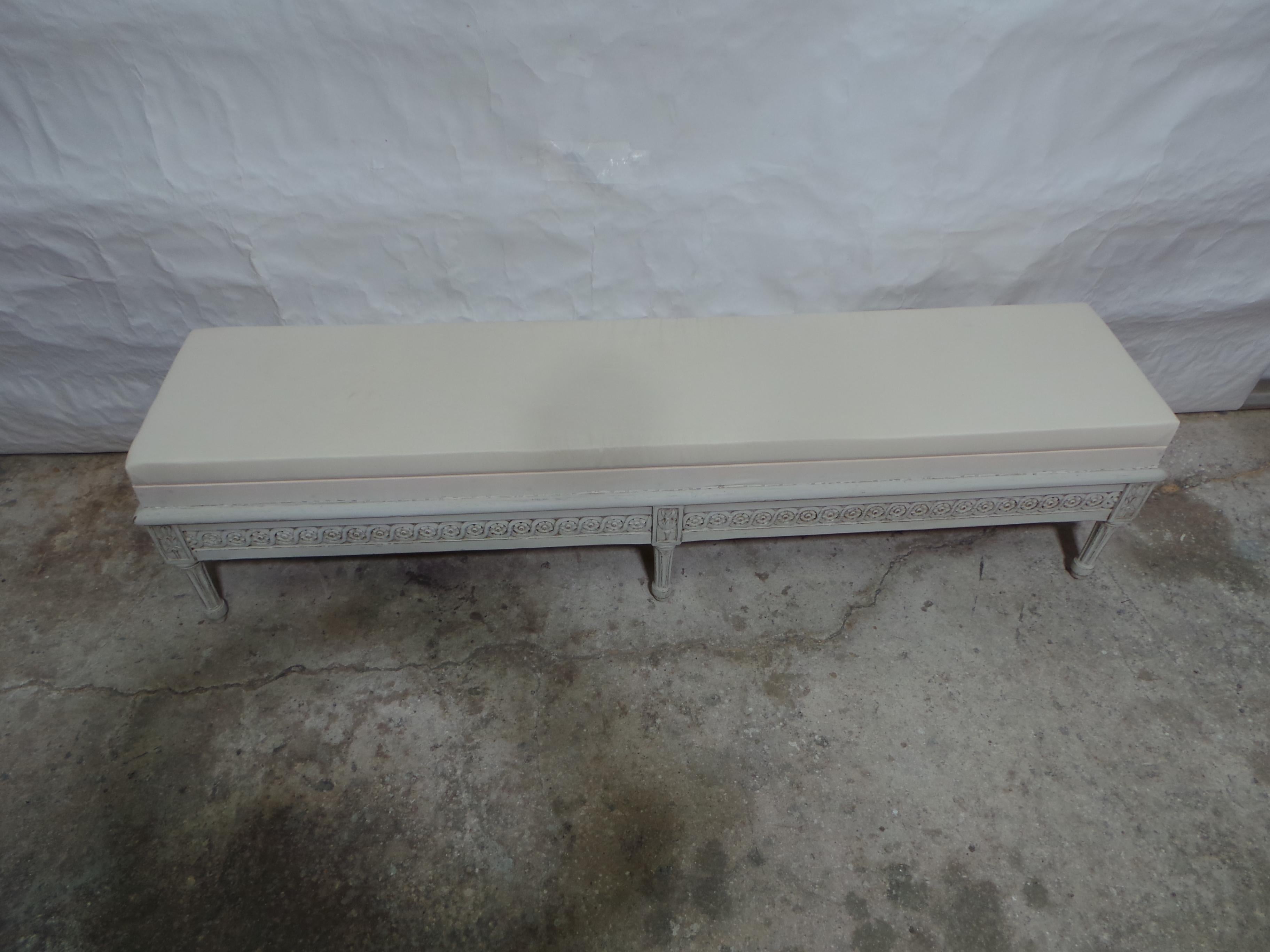 This is a very unique Swedish Gustavian style bench with Storage compartment under the seat.  The seating has been restored and covered in Muslin. and the bench has been painted with Milk Paints 