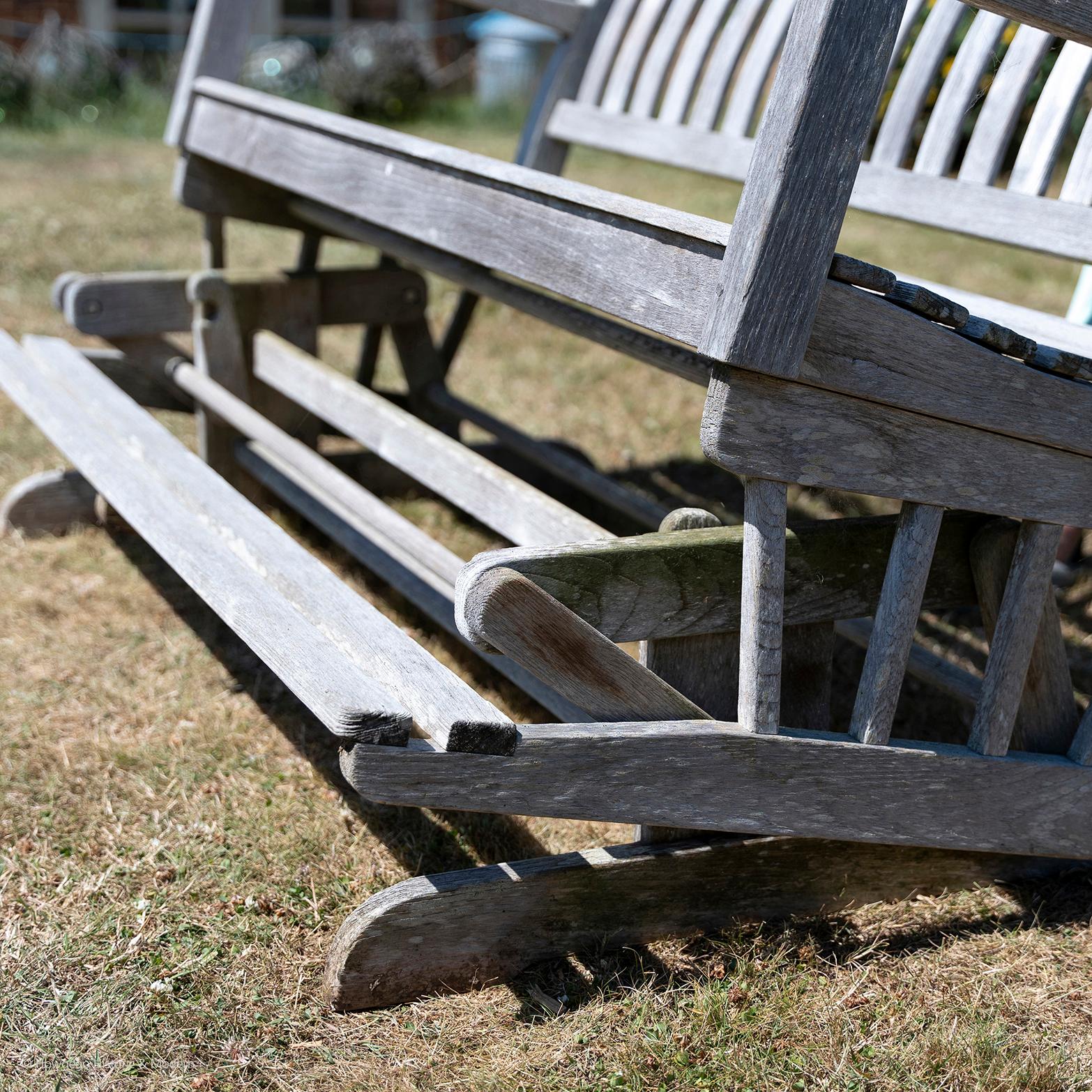 Bench Teak Rocking Parkland Garden Country House In Good Condition For Sale In BUNGAY, SUFFOLK