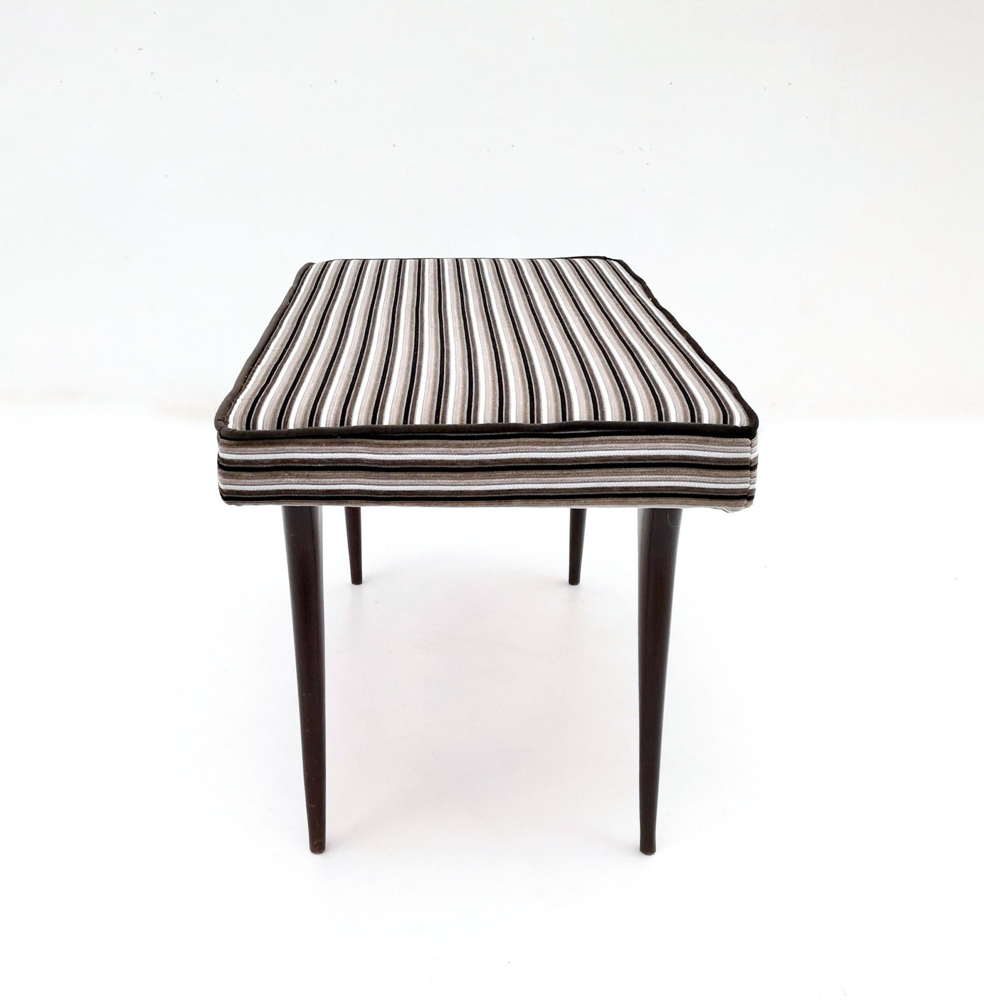 Mid-Century Modern Vintage Bench Upholstered in Velvet with a Black, Gray and White Striped Pattern