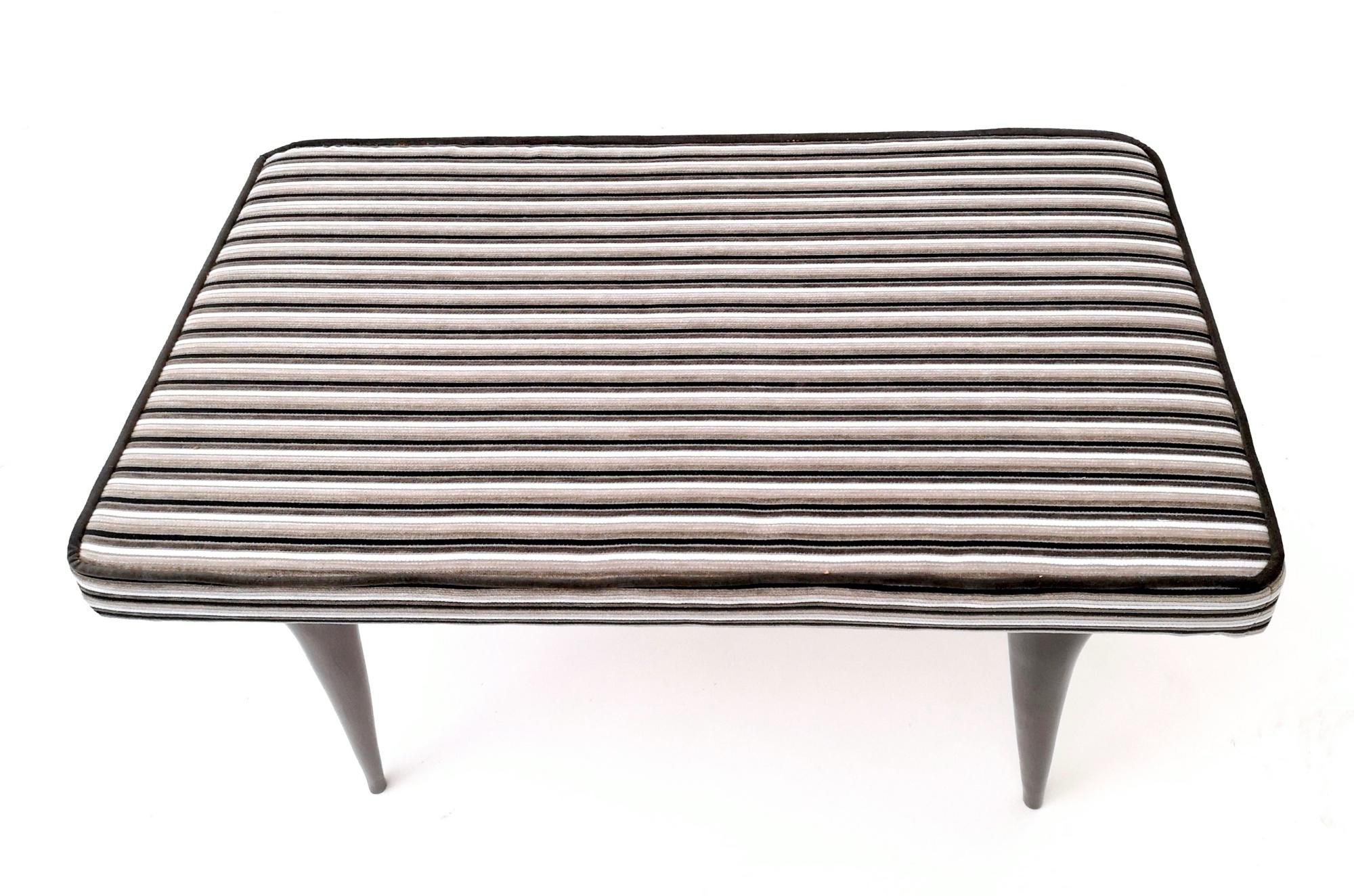 Italian Vintage Bench Upholstered in Velvet with a Black, Gray and White Striped Pattern