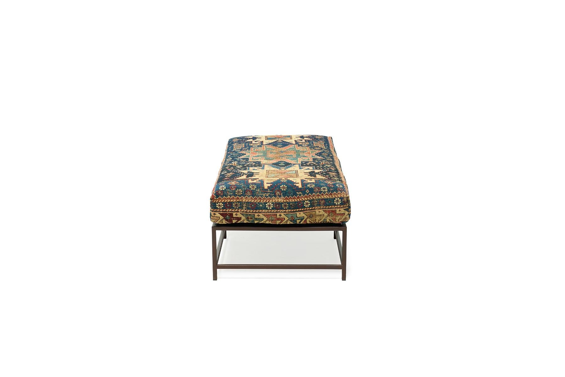 Patinated Bench with Antique Rug Upholstery For Sale