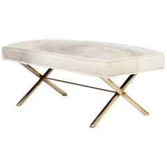 Bench with Brass Legs and Cream Cow Hide, circa 1950