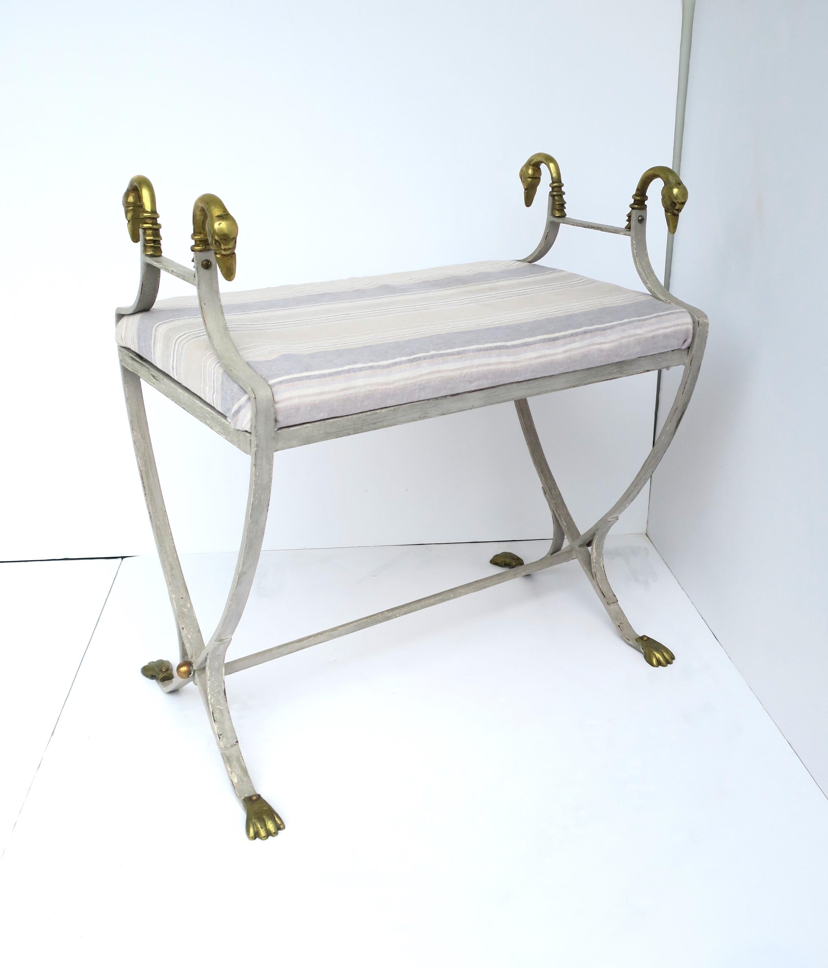 Painted Bench with Brass Swan Bird Finials Regency Style For Sale