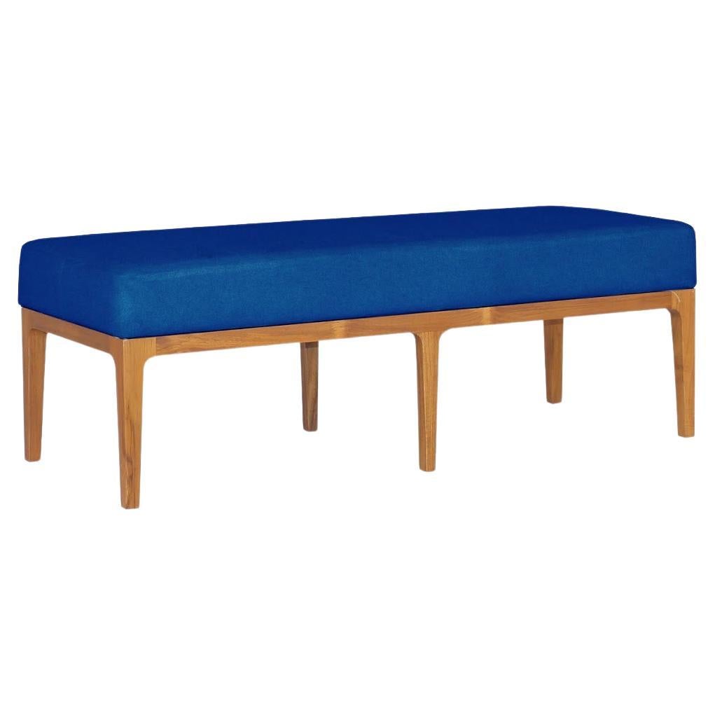Bench with Cushion in Golden Brown Finish with Cobalt Blue Fabric For Sale