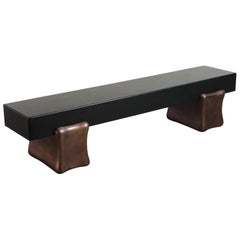 Bench with Pillow Design Bases in Black Lacquer Top and Copper Bases, Robert Kuo
