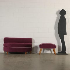 Bench with Stool Velvet Upholstery Vintage, Italy, 1940s