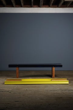 Bench, Yellow Coated Metal, Mahogany Legs, Designed and Made by Max Frommeld