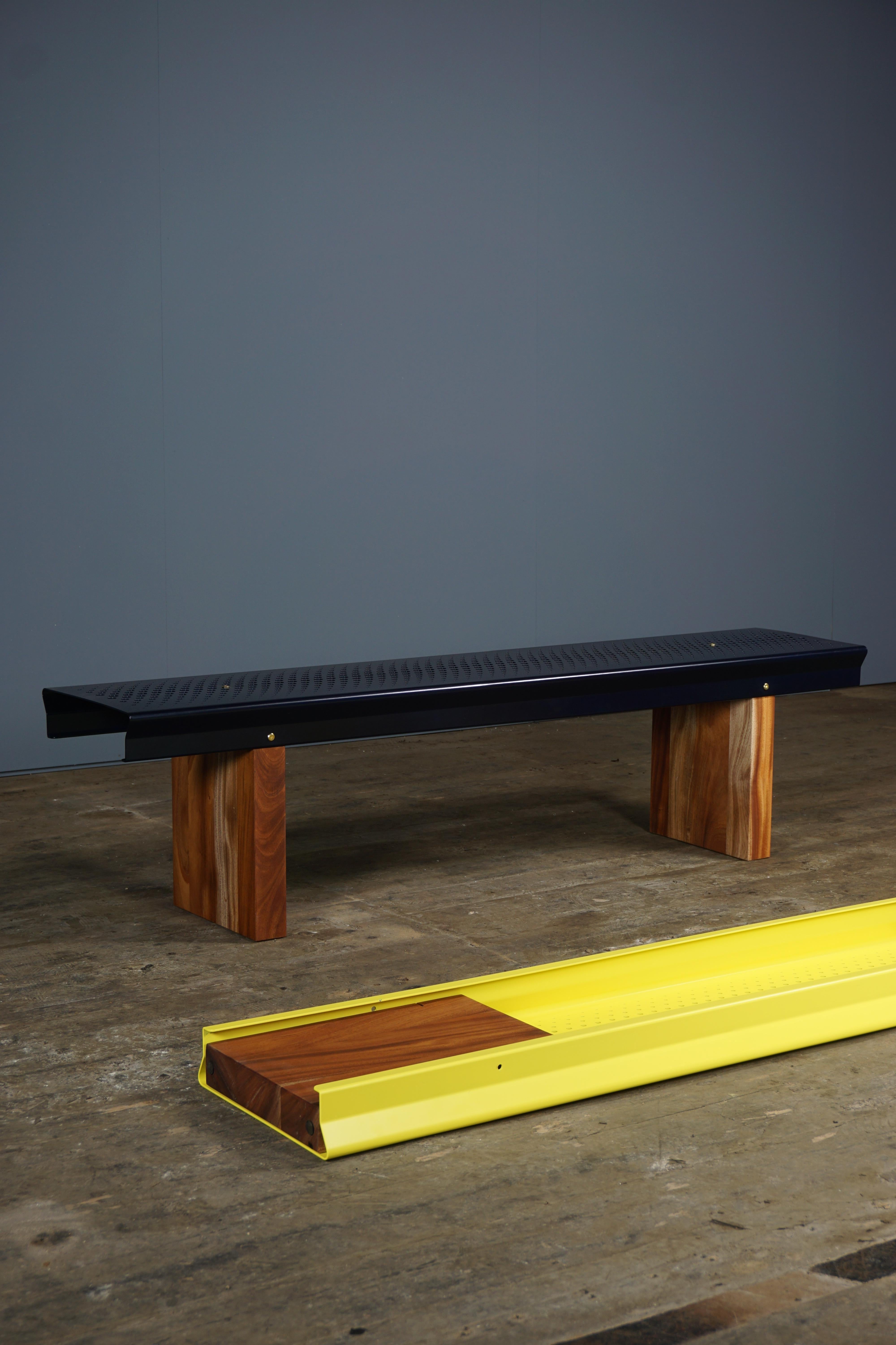 British Bench, Yellow Coated Metal, Mahogany Legs, Designed and Made by Max Frommeld For Sale
