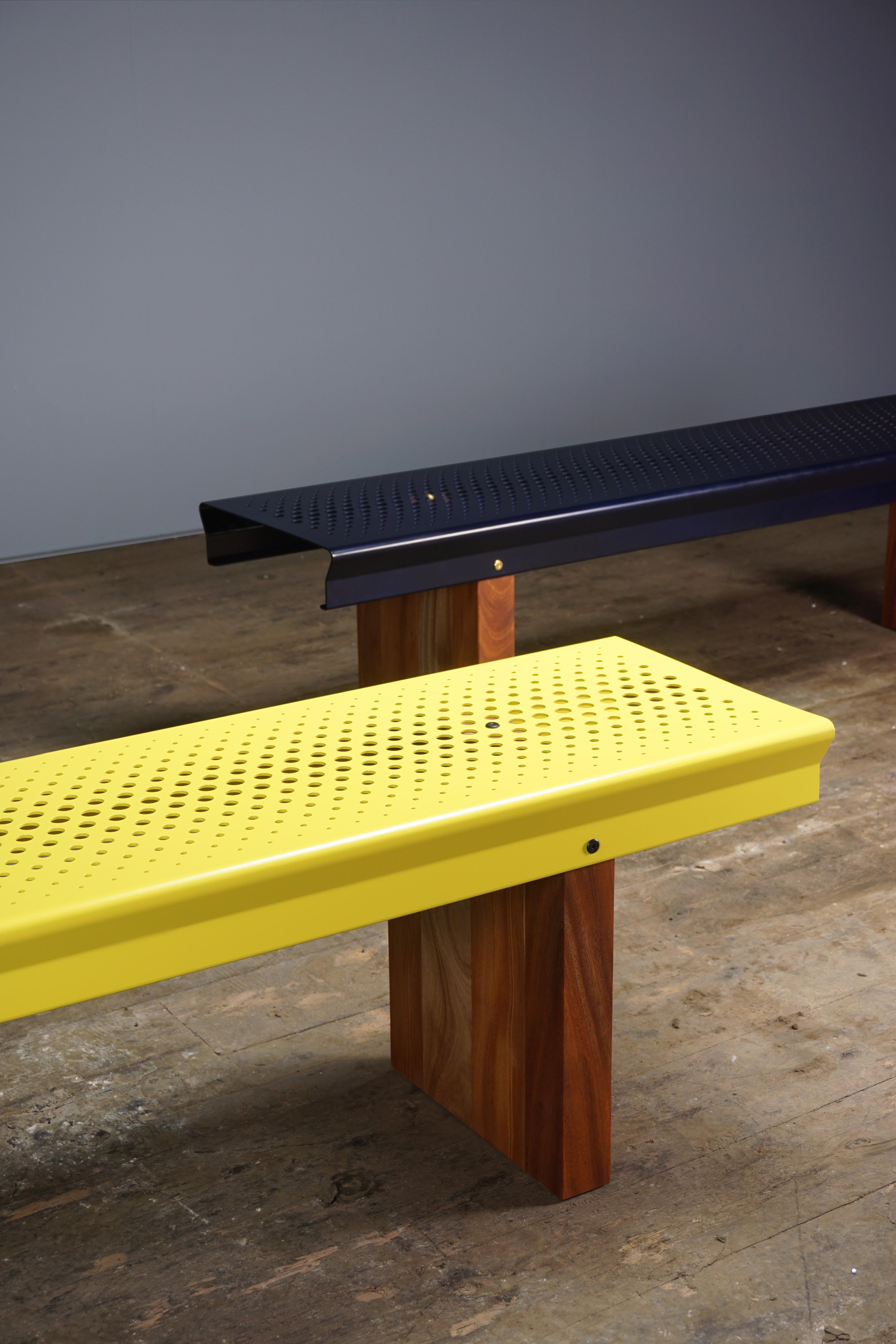 Powder-Coated Bench, Yellow Coated Metal, Mahogany Legs, Designed and Made by Max Frommeld For Sale