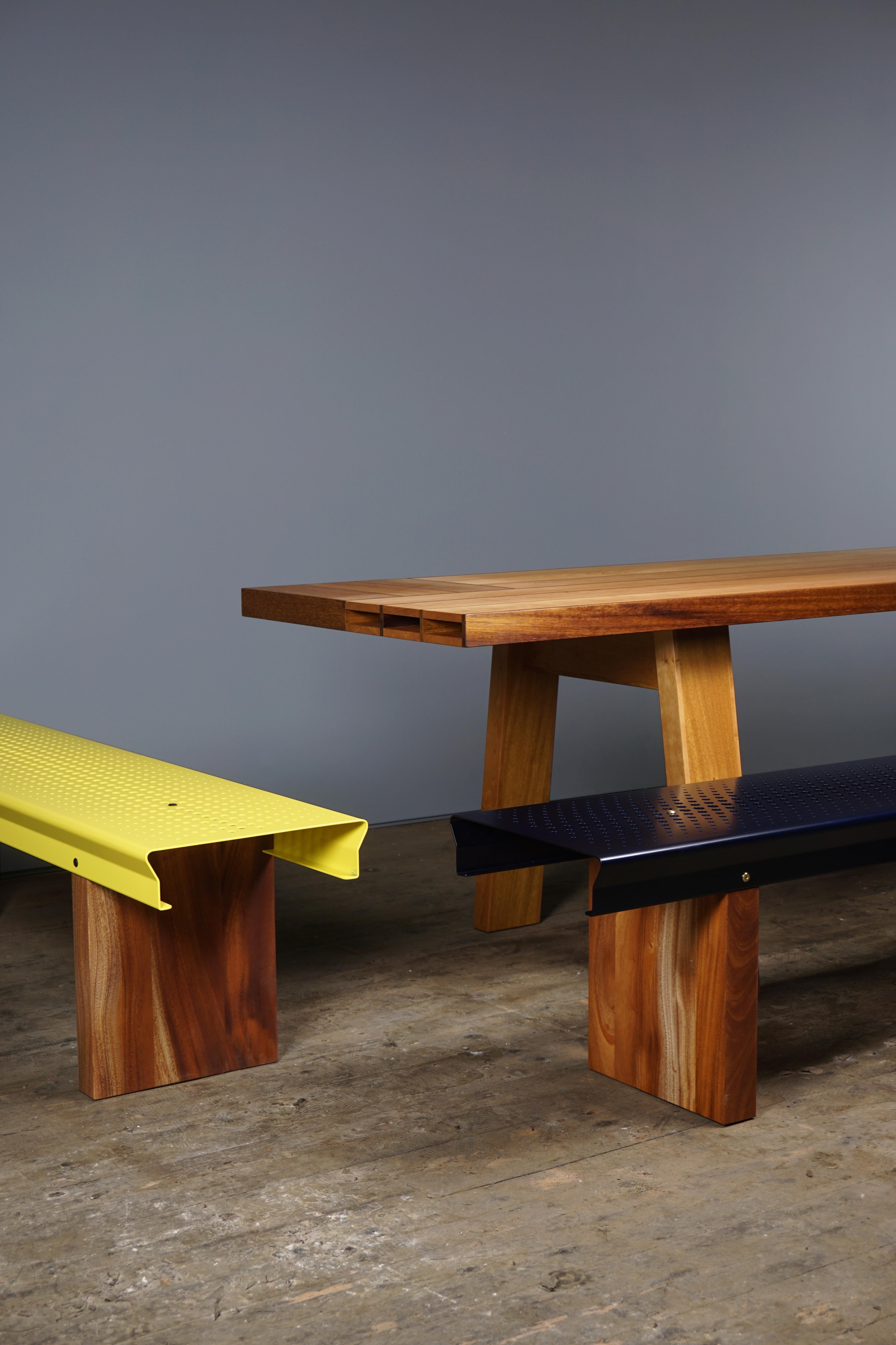 Contemporary Bench, Yellow Coated Metal, Mahogany Legs, Designed and Made by Max Frommeld For Sale