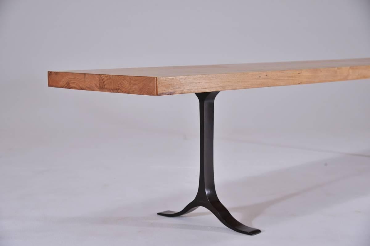 Minimalist Bench, Reclaimed Hardwood, Sand Cast Brass Base by P. Tendercool in Stock For Sale