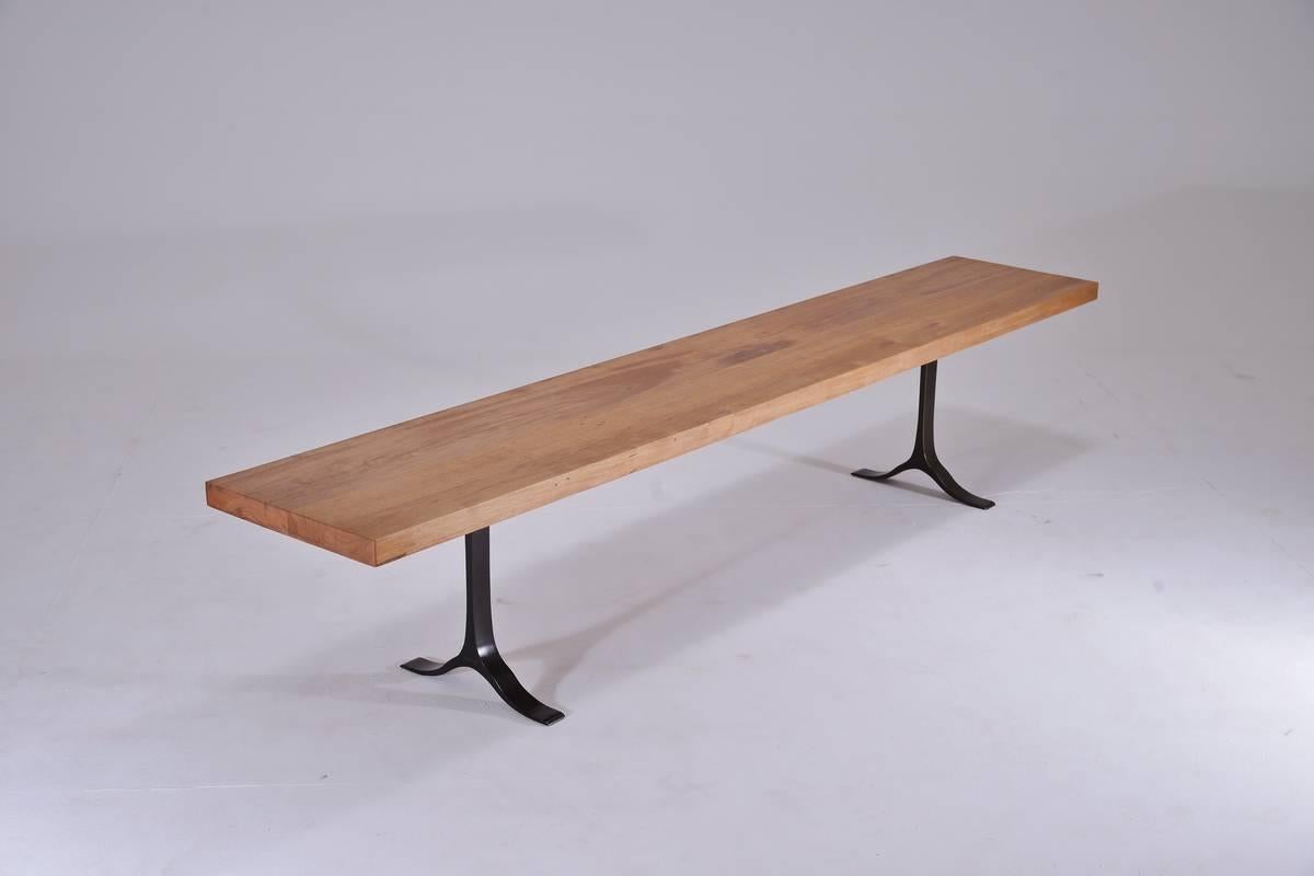 Contemporary Bench, Reclaimed Hardwood, Sand Cast Brass Base by P. Tendercool in Stock For Sale