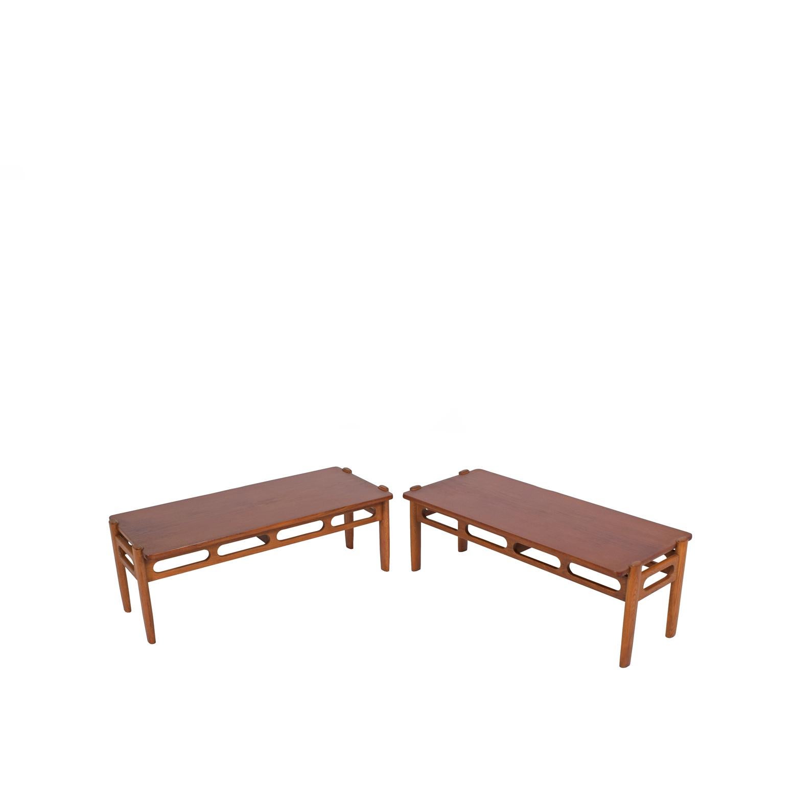 Rare benches /coffee tables solid oak frames with teak tops design by William Wattingt made by Mikeal Larsen cabinetmaker in 1950s.