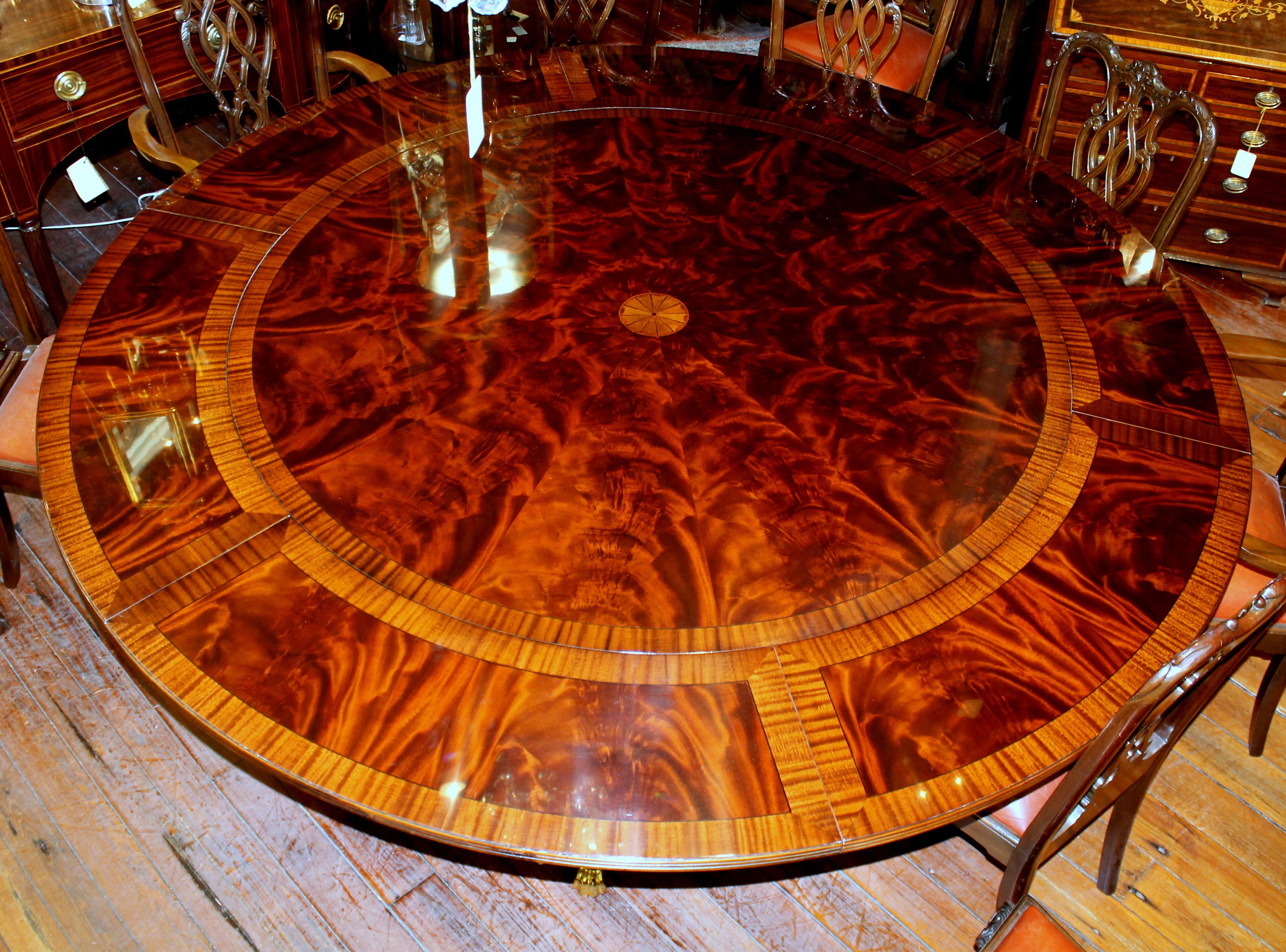 Satinwood Benchmade Bookmatched Flame Mahogany Perimeter Leaf Circular Dining Table