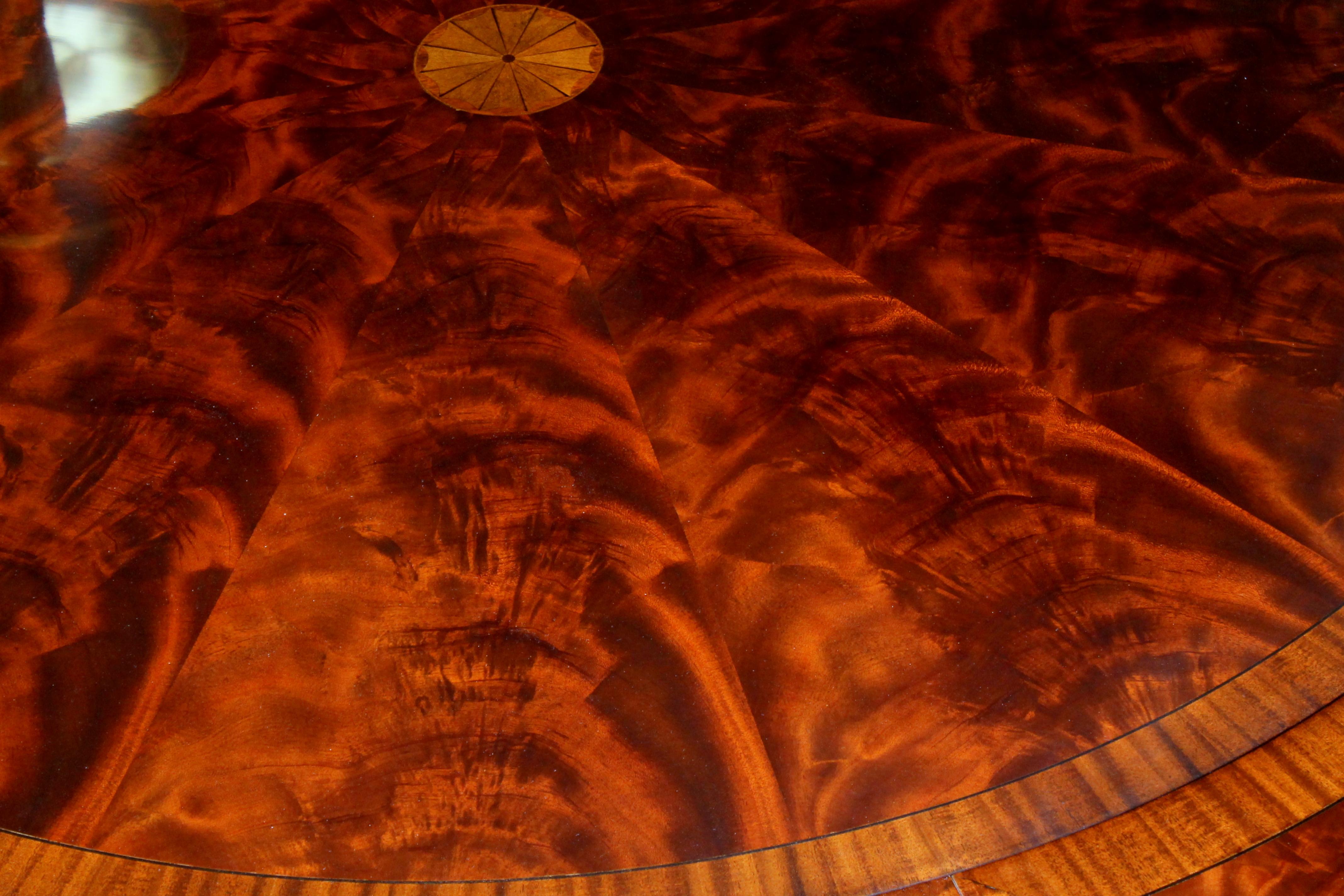 Satinwood Benchmade Bookmatched Flame Mahogany Perimeter Leaf Circular Dining Table