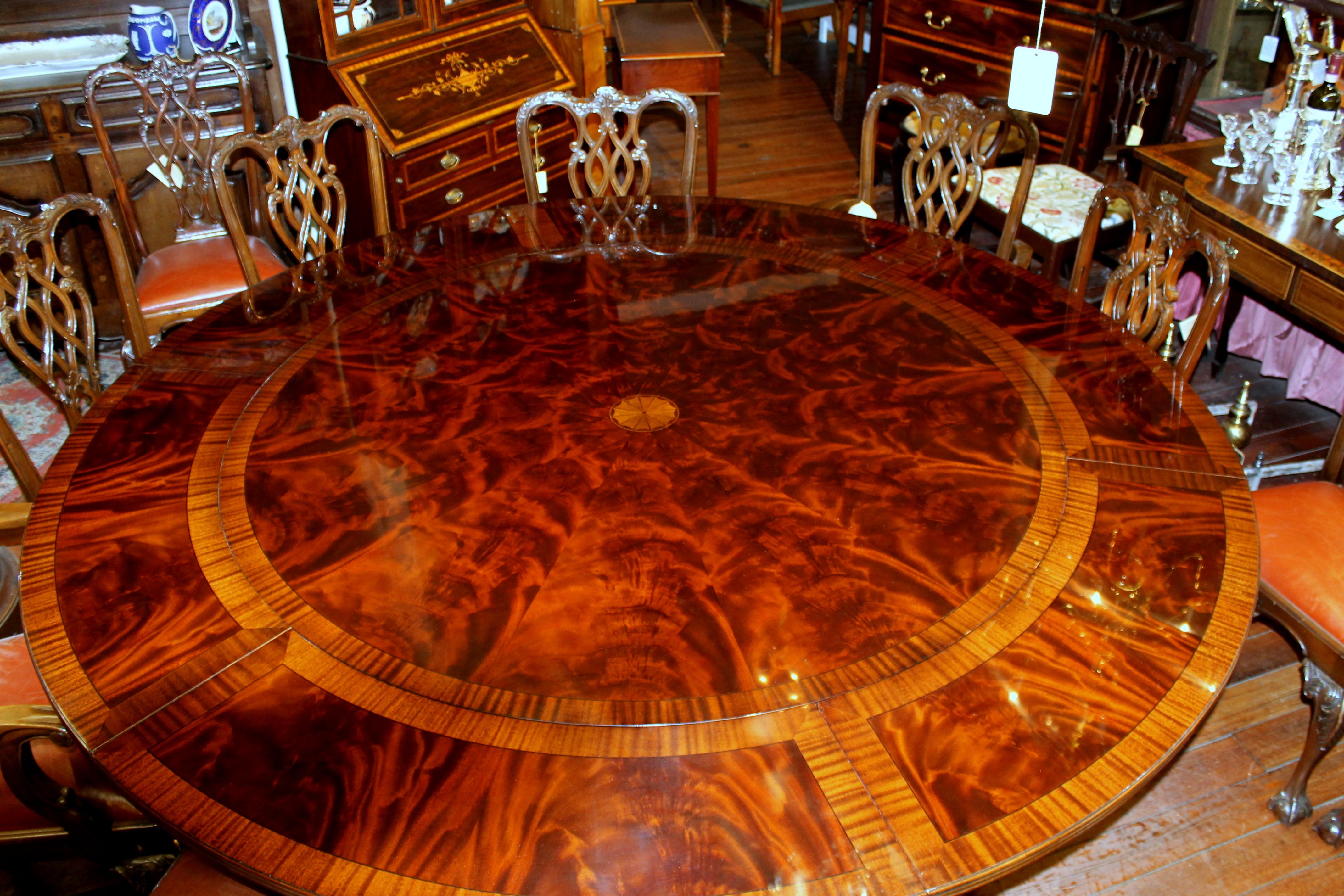 Regency Benchmade Bookmatched Flame Mahogany Perimeter Leaf Circular Dining Table