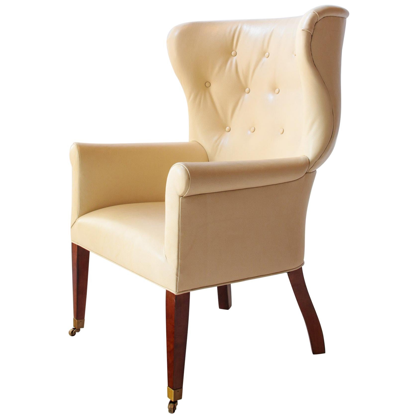 Benchmade Transitional Barrel Wingback Wing Chair Upholstered in Edelman Leather For Sale