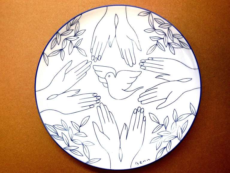 Paloma de la Paz Placa de Limoges Benn Rabinowicz Avant Garde Modernista judío francés - Art de Bencion (Benn) Rabinowitch 