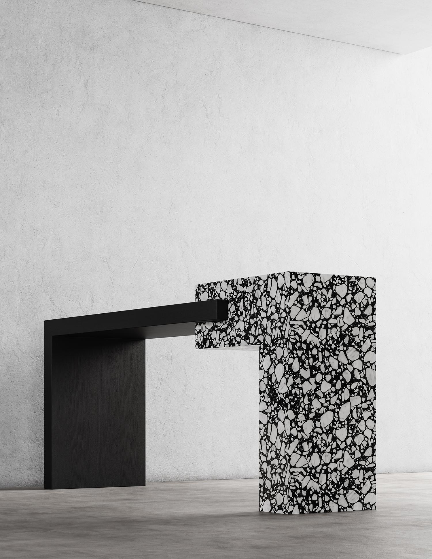 American BEND CONSOLE - Modern Eboney Oak and Palladio Moro Stone For Sale