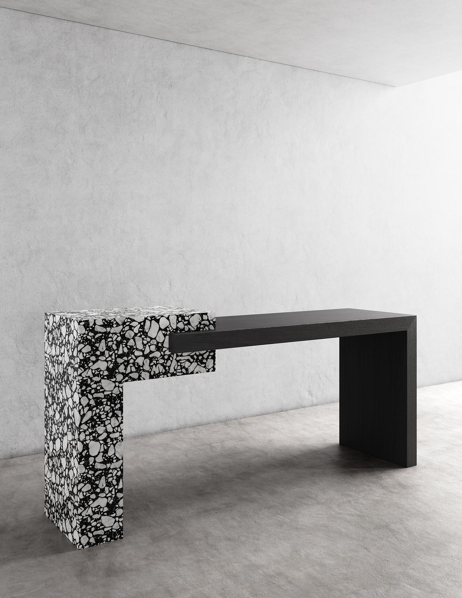 Contemporary BEND CONSOLE - Modern Eboney Oak and Palladio Moro Stone For Sale