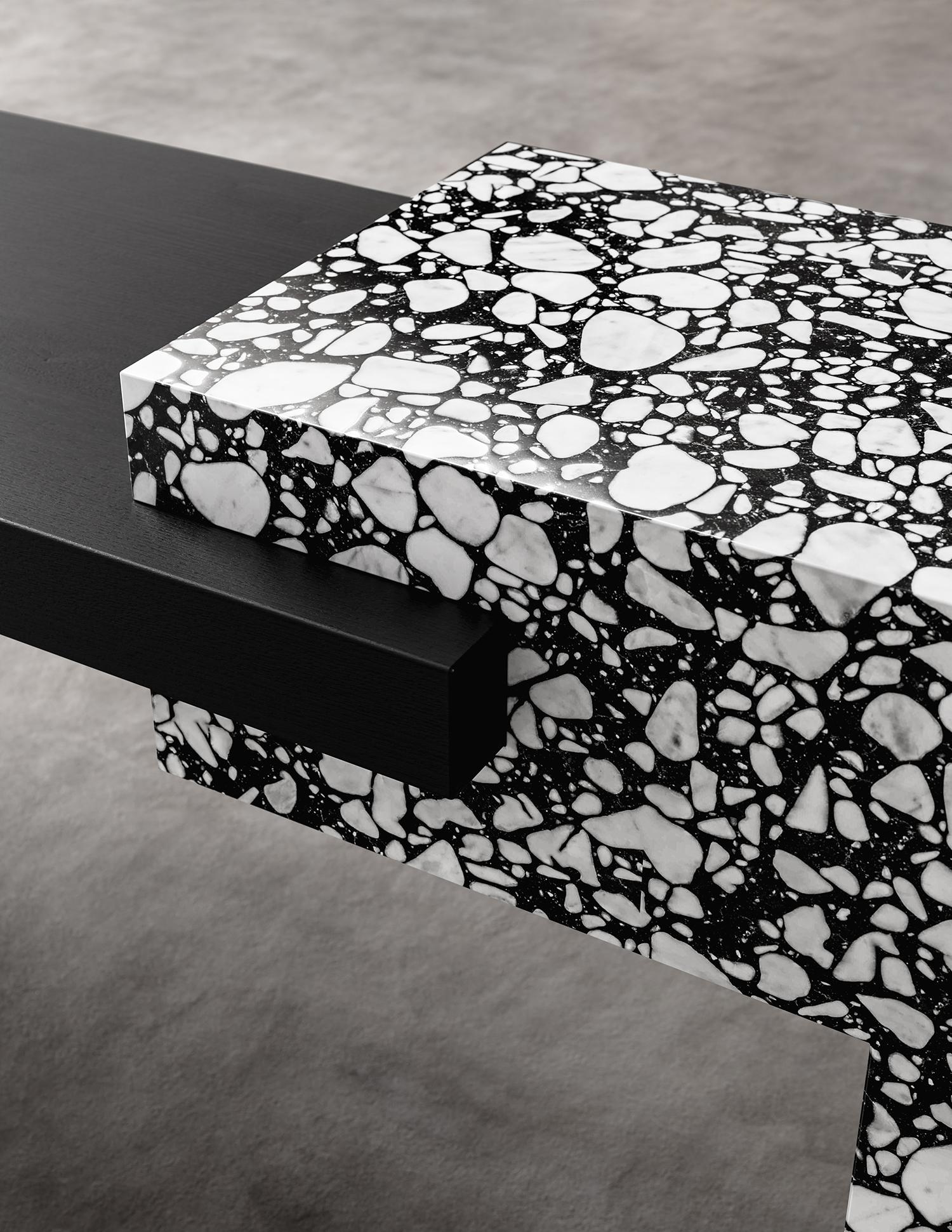 BEND CONSOLE - Modern Eboney Oak and Palladio Moro Stone For Sale 1