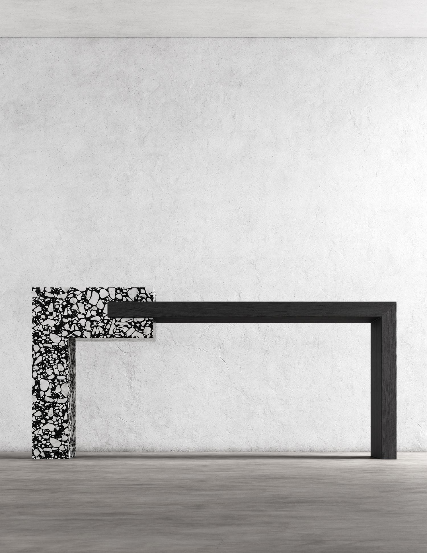 BEND CONSOLE - Modern Eboney Oak and Palladio Moro Stone For Sale 2