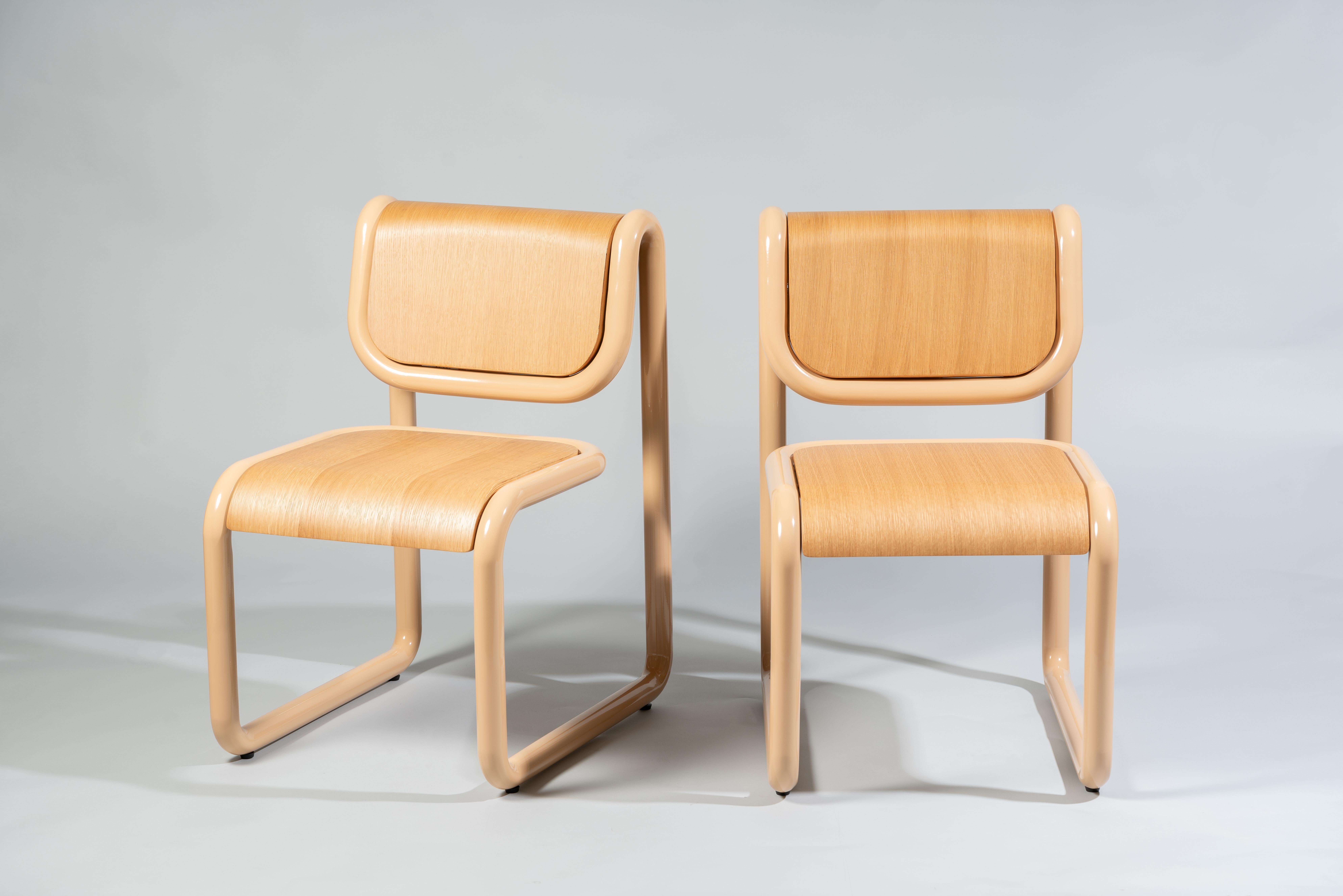 Metal Bend Goods Tube Collection -- Dining Chair in Tan with Wood For Sale