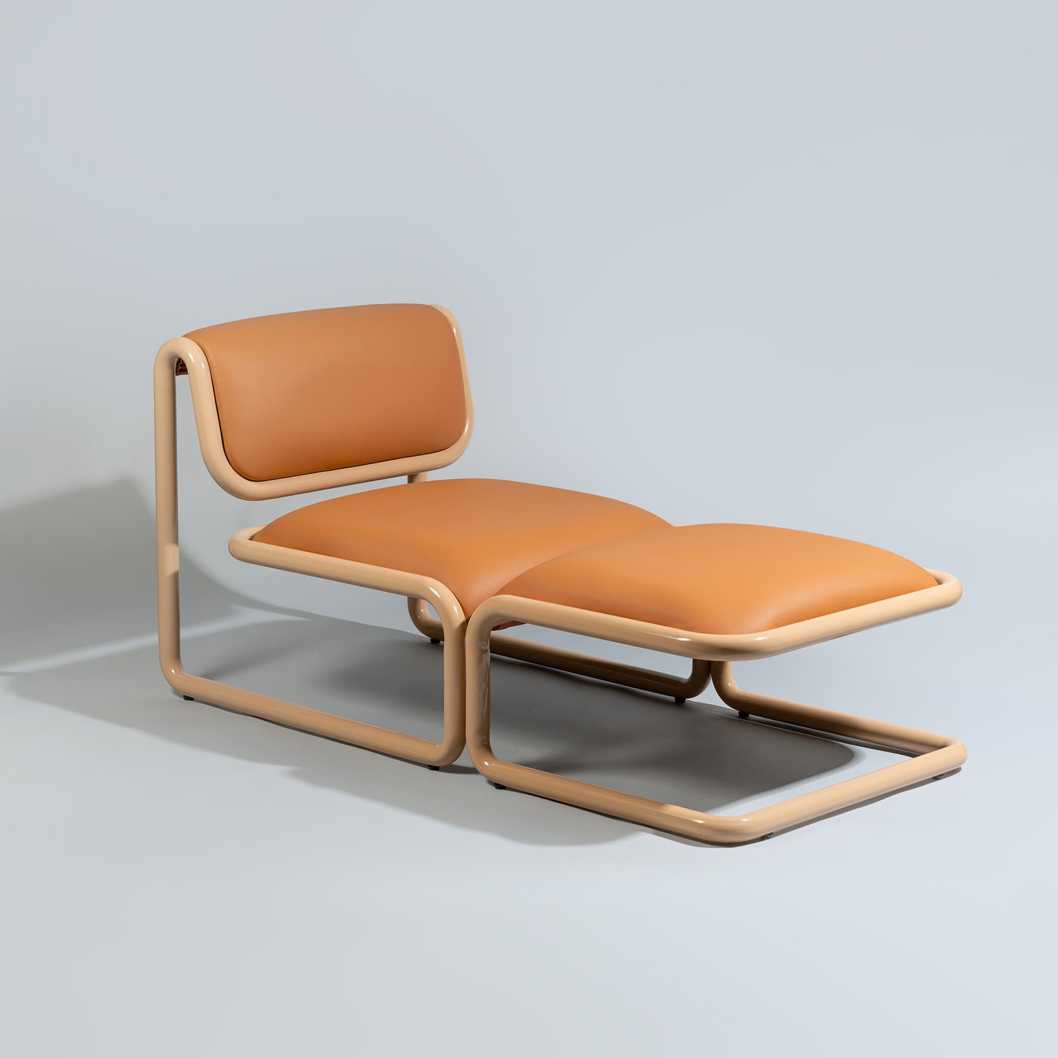Bend Goods Tube Collection -- Ottoman in Tan with Vegan Leather In New Condition For Sale In Ontario, CA