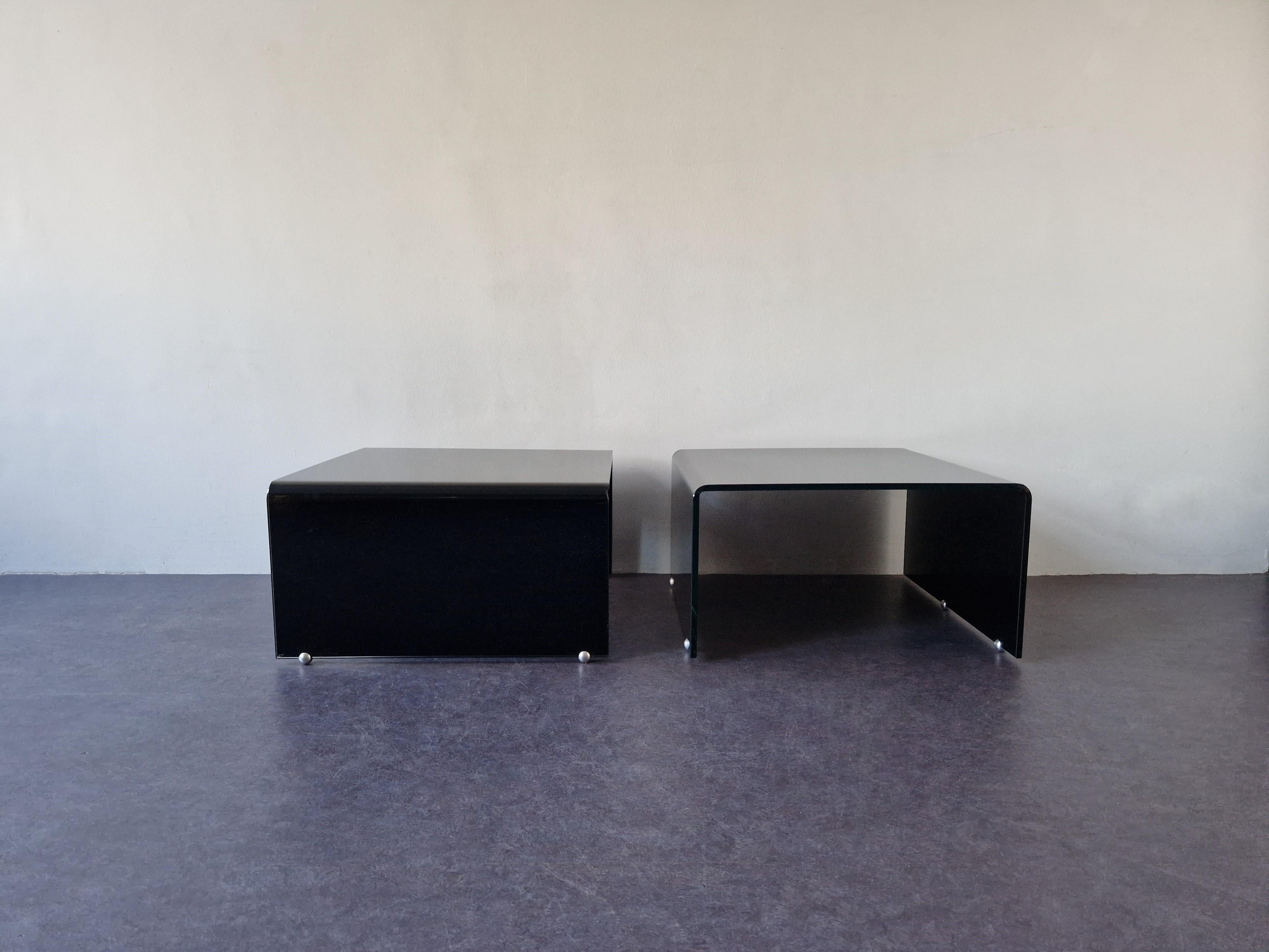European Bended Black Glass Coffee Table, 2 Available For Sale