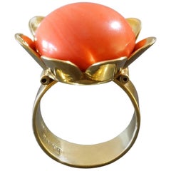 Bender German Modernist Salmon Coral Gold Stylized Flower Cocktail Ring