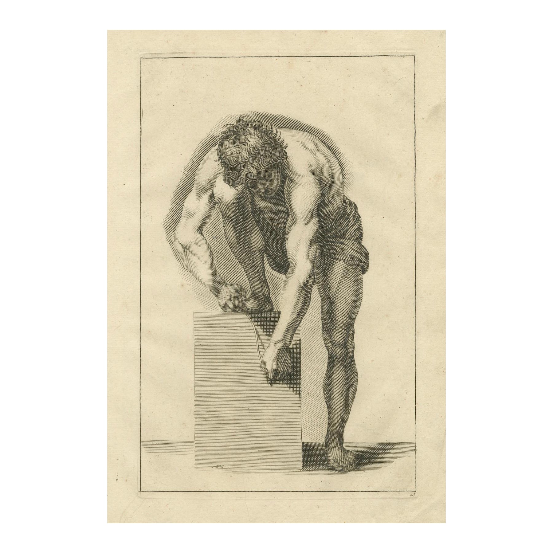 Estudio de desnudo masculino en flexión según el manual de dibujo alemán de Lairesse, c1745