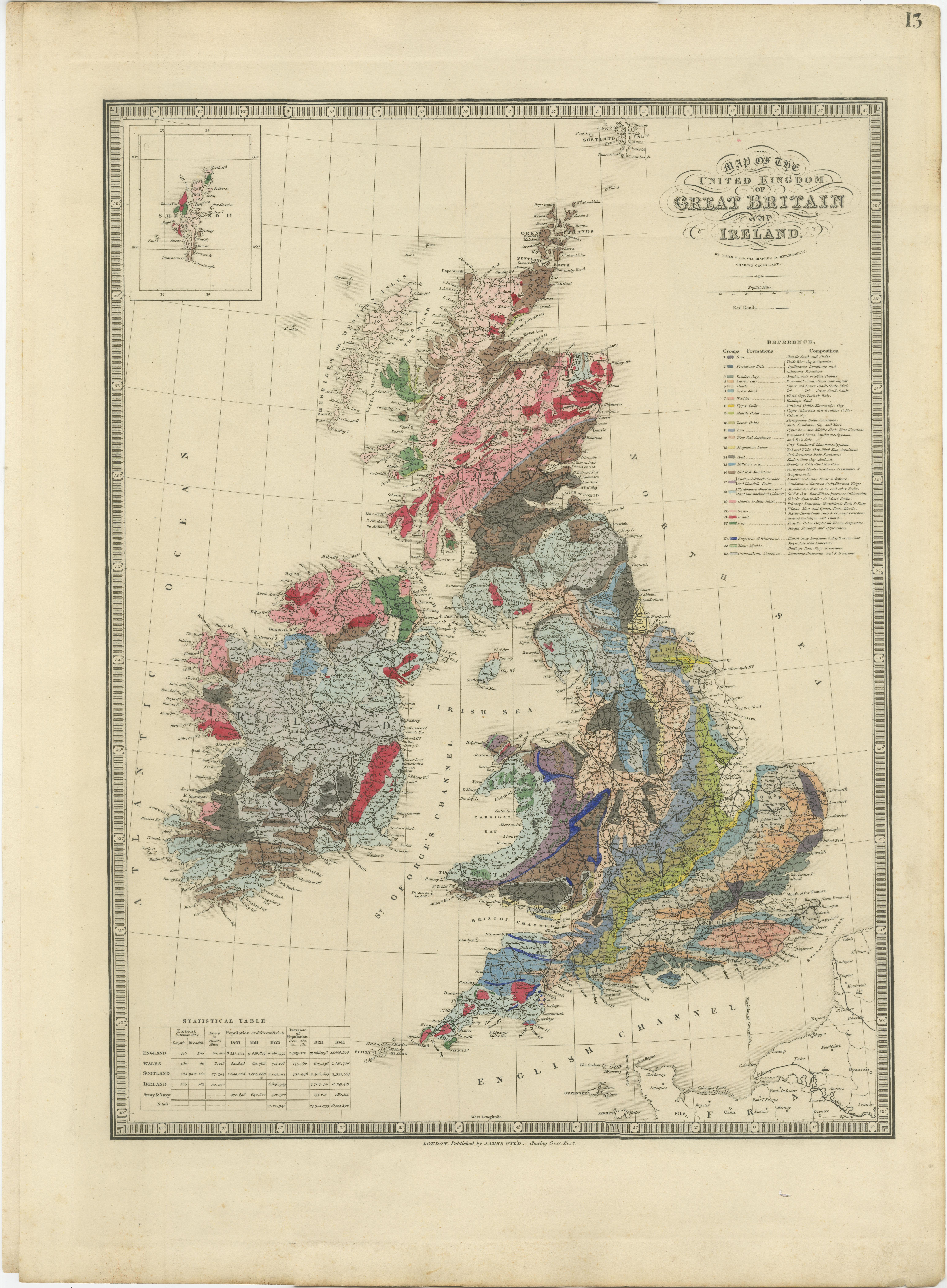 Diese hervorragende geologische Originalkarte des Vereinigten Königreichs von Großbritannien und Irland von James Wyld aus dem Jahr 1844 ist ein bemerkenswertes viktorianisches Kunstwerk. 

Beschreibung:

Erforschen Sie die Grundlagen der britischen