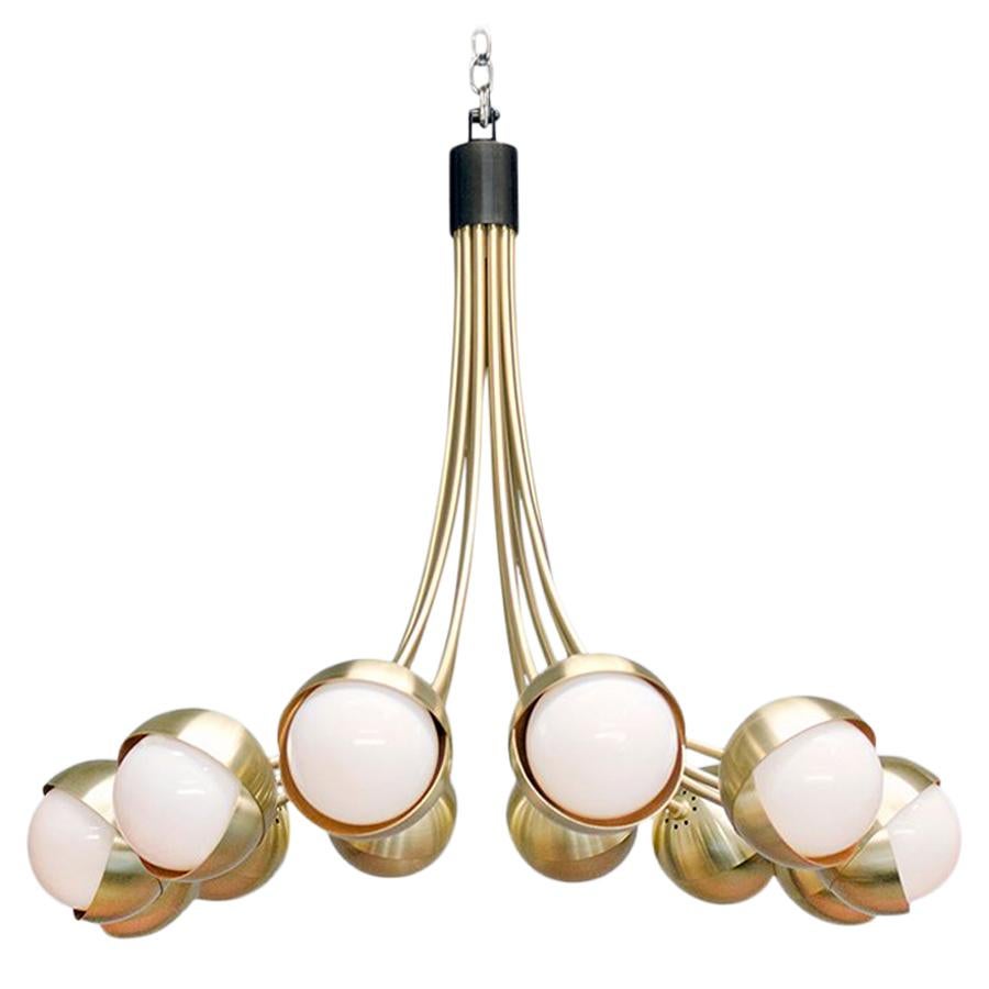 Benedict Chandelier in a Satin Brass Finish with Opal White Glass