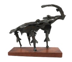 Retro Bronze Sculpture Abstract Brutalist Goat or Ram WPA Artist Mounted on Base