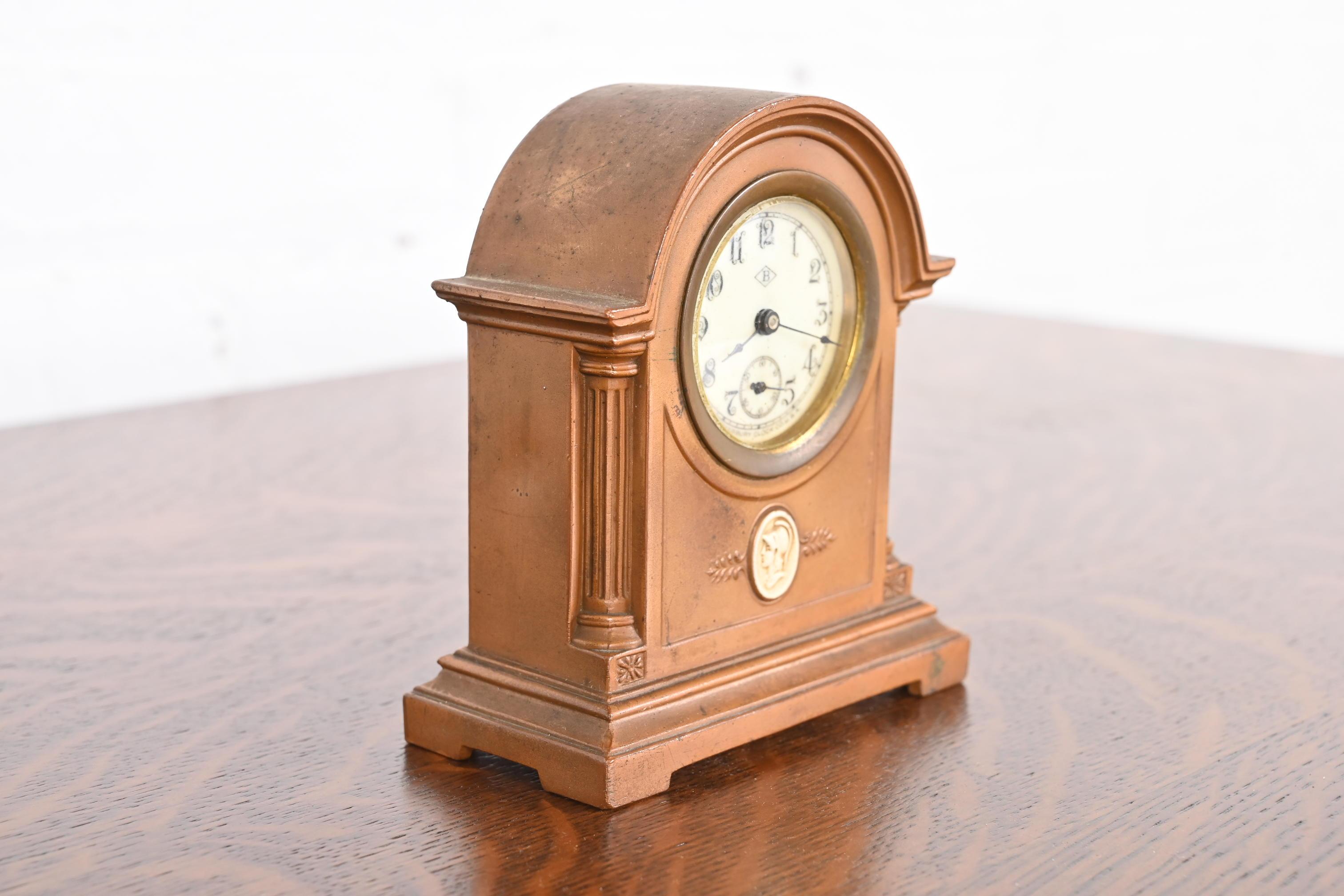 20th Century Benedict Studios Arts & Crafts Bronze Mantel Clock, Circa 1910