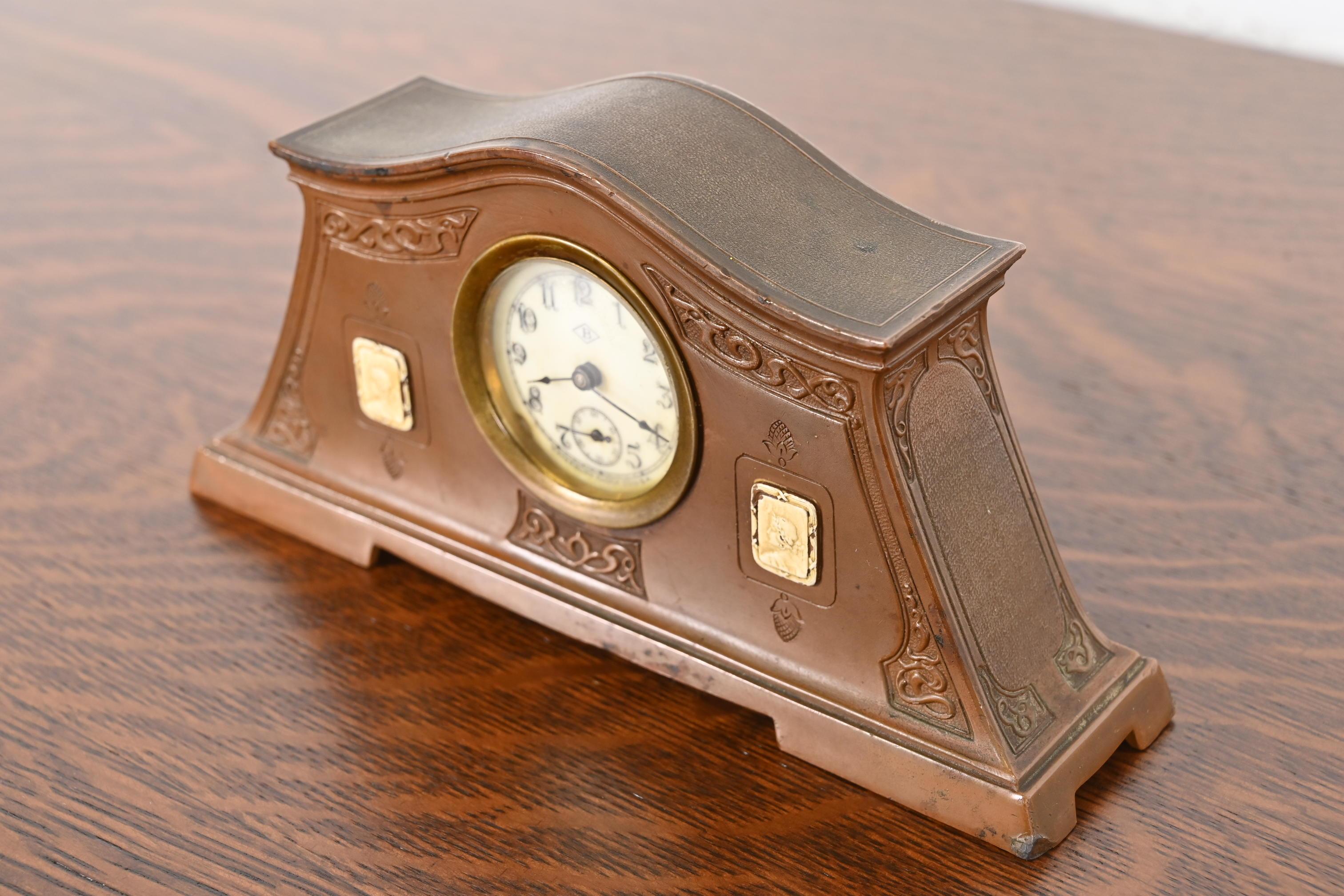20th Century Benedict Studios Arts & Crafts Bronze Mantel Clock, Circa 1910 For Sale